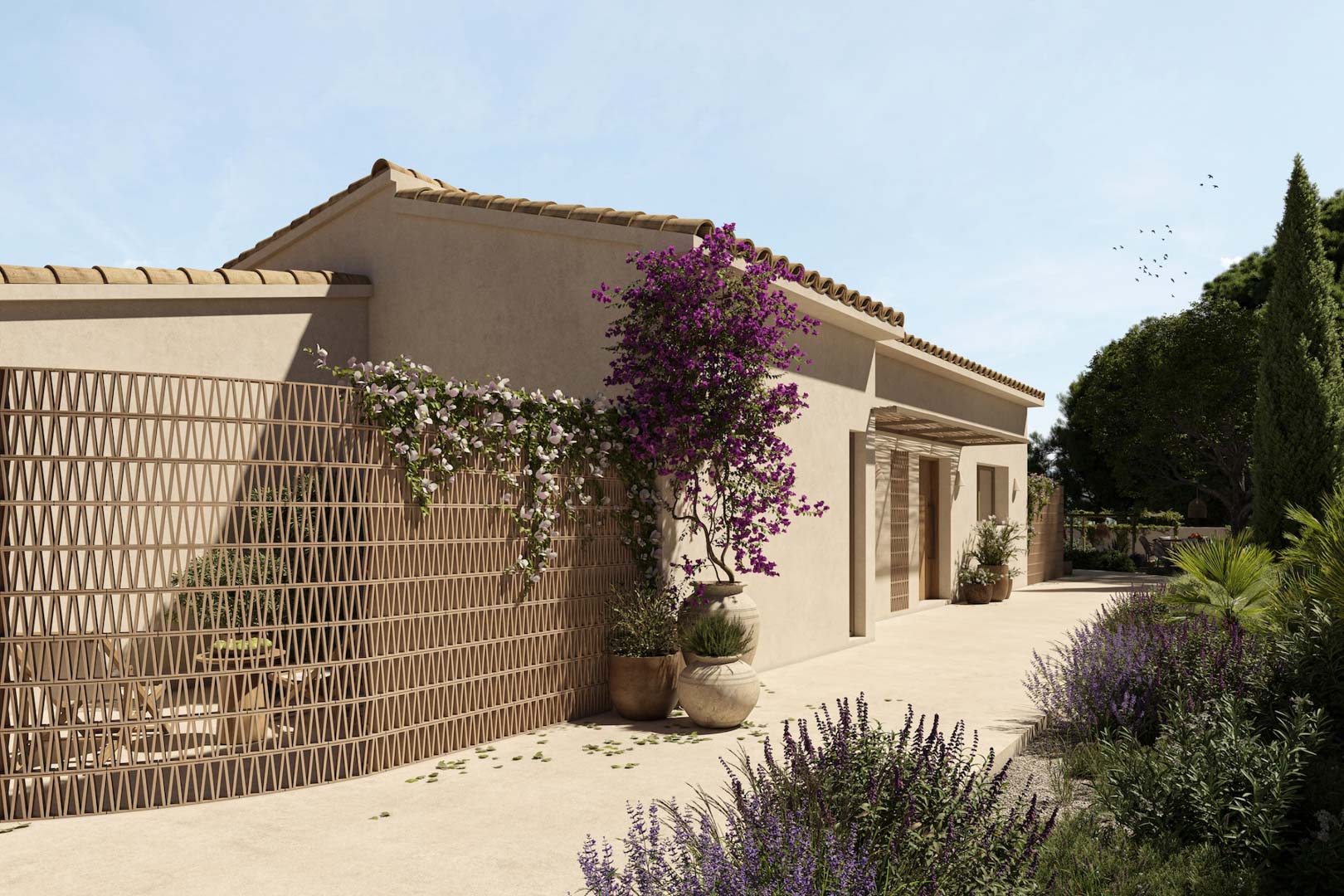 Mediterrane gevel met decoratieve terracotta roosters, bougainville in aardewerken potten en een geplaveid pad omzoomd door inheemse planten en lavendel.