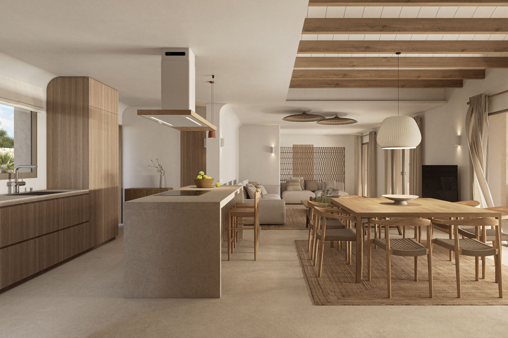 Open woonruimte met een stenen kookeiland, houten eethoek en zichtbare plafondbalken, uitgevoerd in een minimalistische en warme mediterrane stijl.