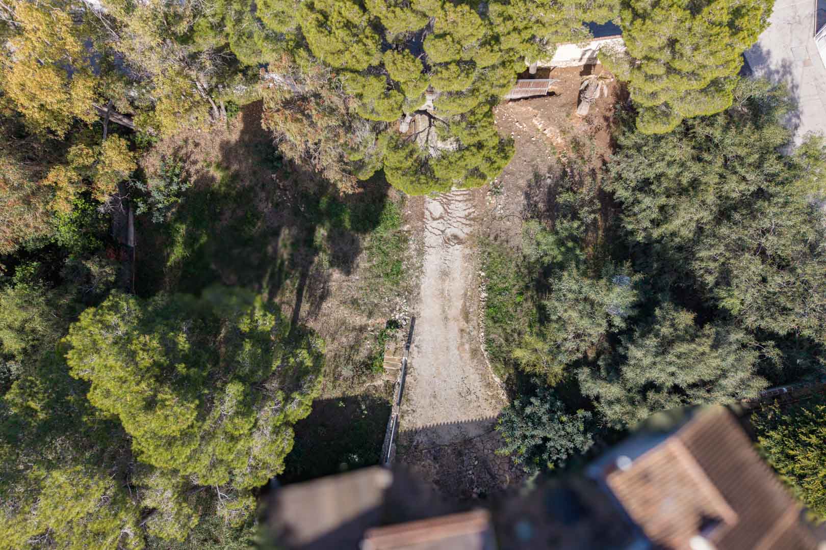 Luchtfoto van het perceel met een centraal toegangspad, omringd door volwassen pijnbomen en natuurlijke vegetatie binnen de ommuurde grenzen.