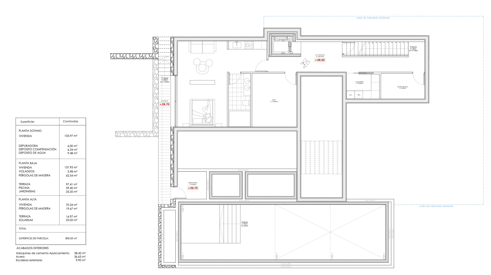 Gedetailleerde architecturale plattegrond van het souterrain met fitnessruimte, wasruimte, technische ruimte en zwembadzone, totaal 105,97 m².