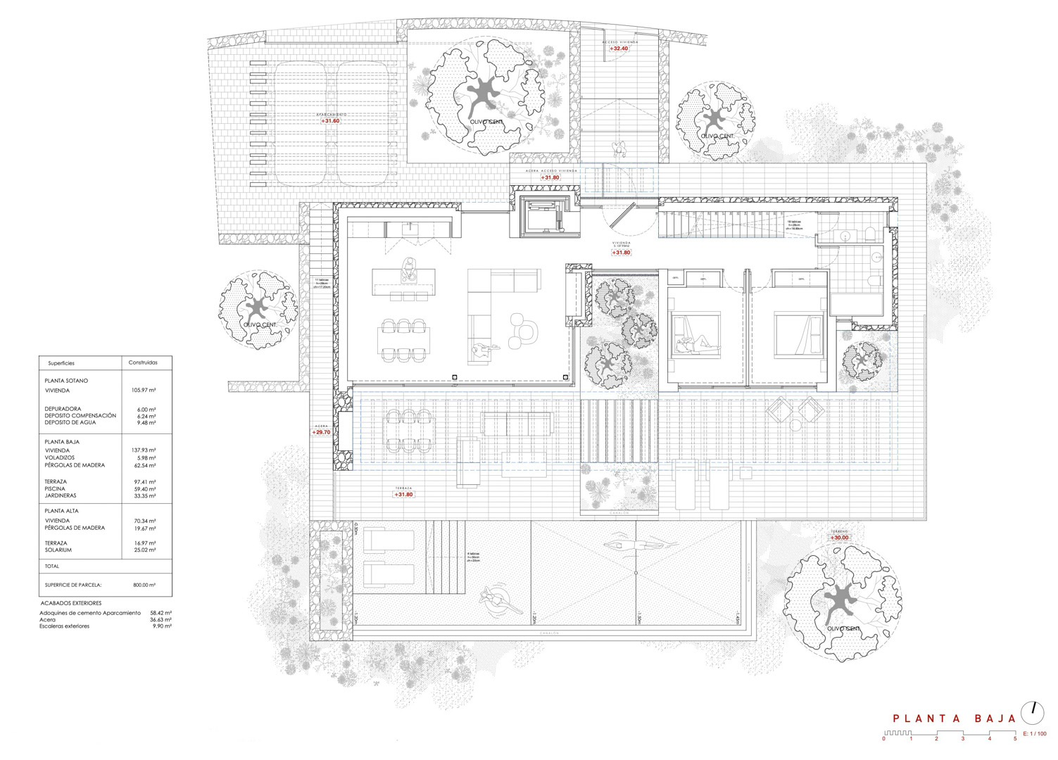 Gedetailleerde plattegrond van de begane grond met open woonkamer, kookeiland, twee slaapkamers met badkamer, groot terras met zwembad en tuinen met olijfbomen.