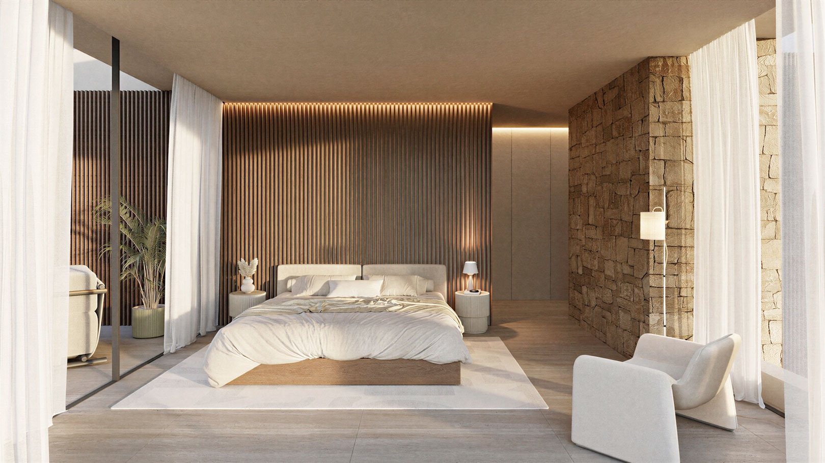 Minimalistische hoofdslaapkamer met een verlichte houten lattenwand, een natuurstenen accentmuur en kamerhoge glazen deuren met witte gordijnen.