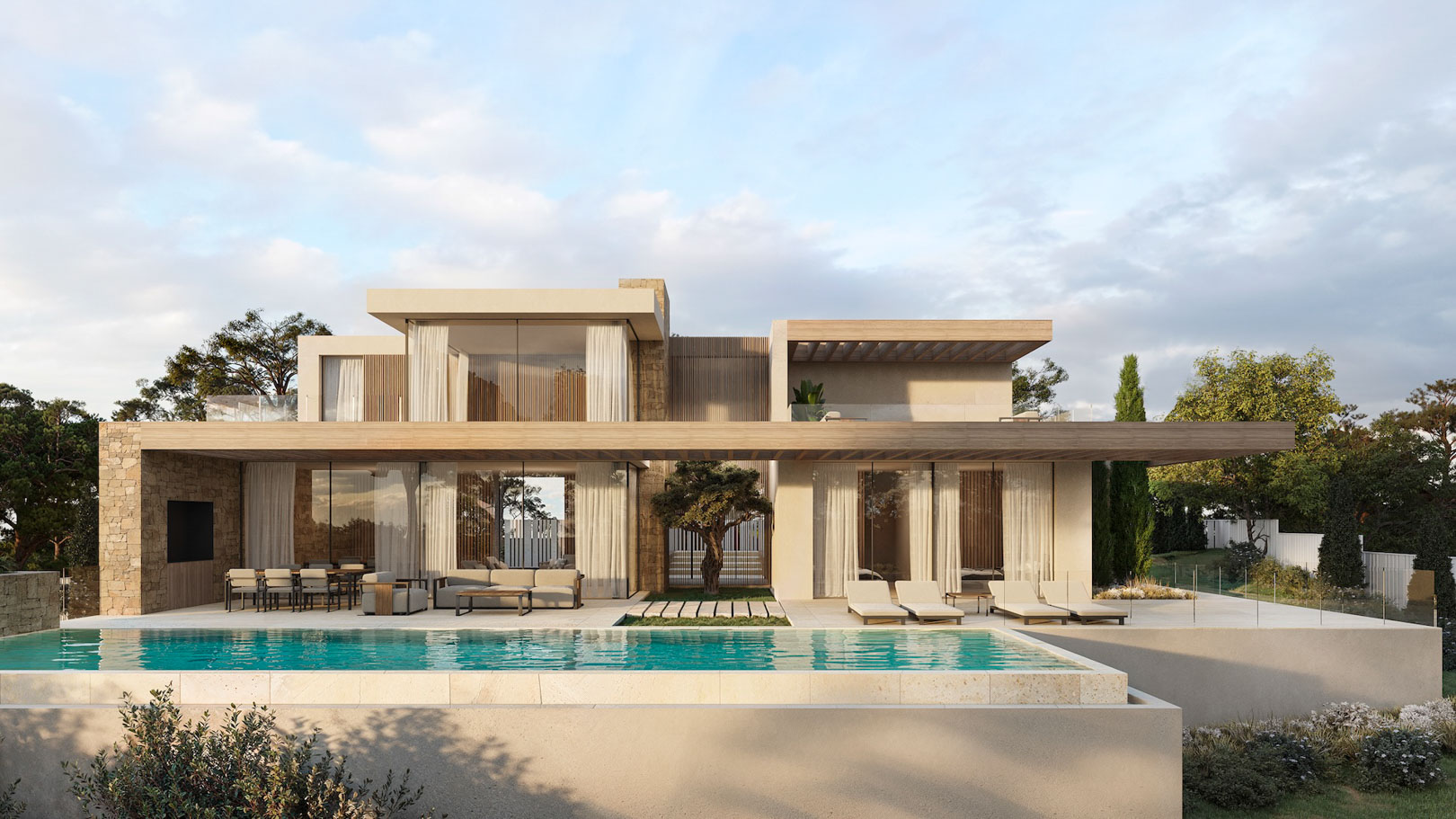 Moderne villa met twee verdiepingen, een overloopzwembad, natuurstenen muren en grote glazen gevels onder houten overstekken met diverse buitenruimtes.