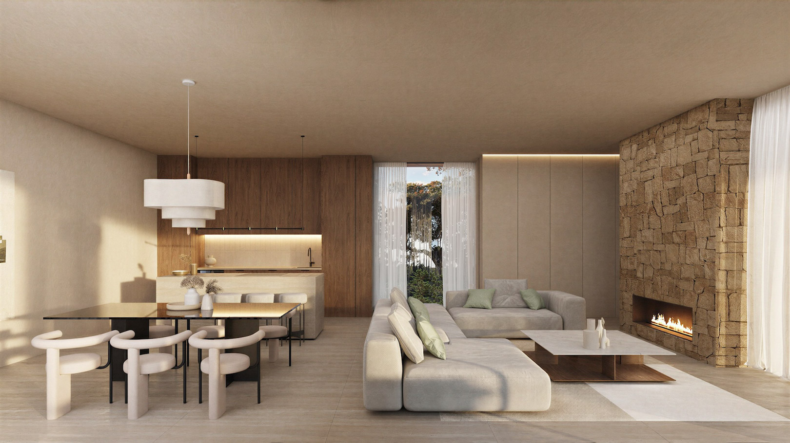 Open woonruimte met een natuurstenen wand, geïntegreerde haard, minimalistische houten keuken en eethoek met designstoelen en gelaagde hanglamp.