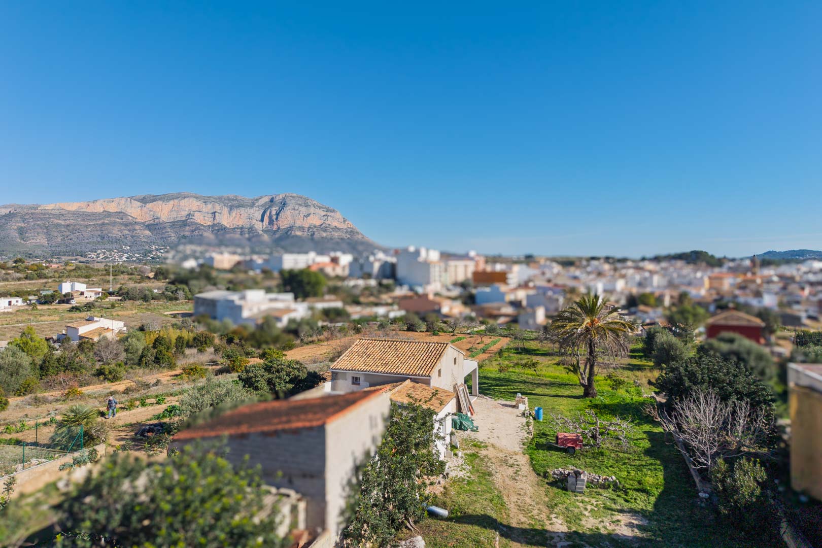 Panoramisch uitzicht op het landgoed met het Montgó-massief op de achtergrond, wat de omvang van het perceel en de nabijheid van Gata de Gorgos benadrukt.