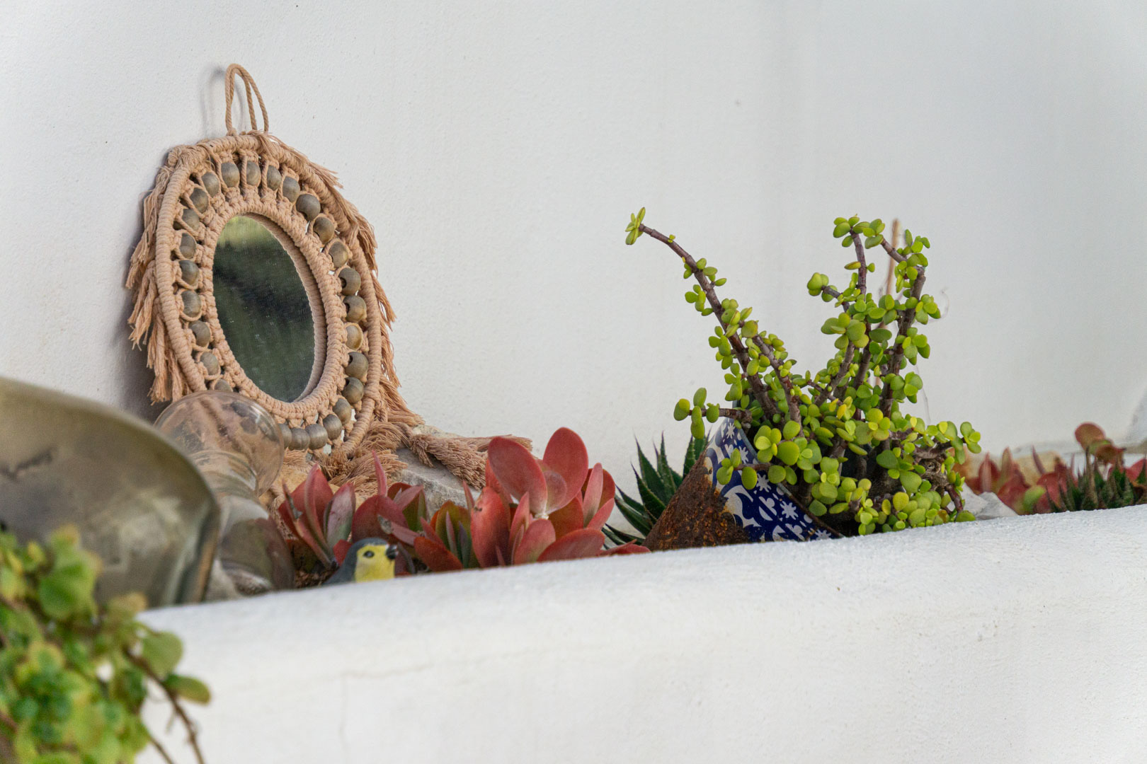 Decoratief detail op een witte rand met een macramé spiegel, blauw keramiek en diverse mediterrane vetplanten voor een sfeervol accent.