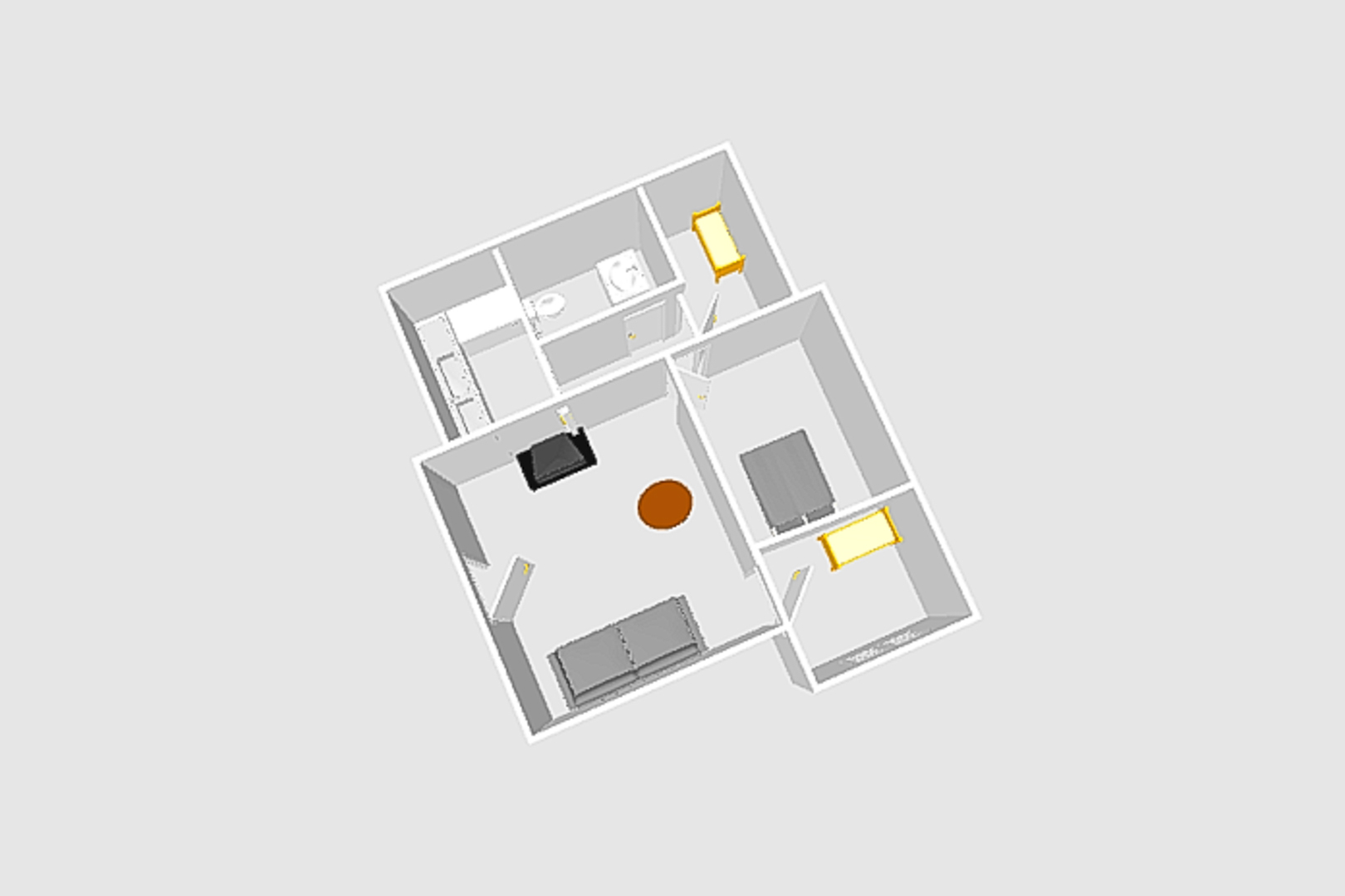 Gedetailleerde 3D-plattegrond van de gelijkvloerse indeling, met de woonkamer met haard, aparte keuken en drie slaapkamers.