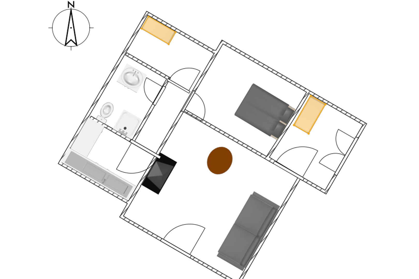 Gedetailleerde plattegrond van de gelijkvloerse indeling met woonkamer, aparte keuken, badkamer en drie slaapkamers voor een helder overzicht.