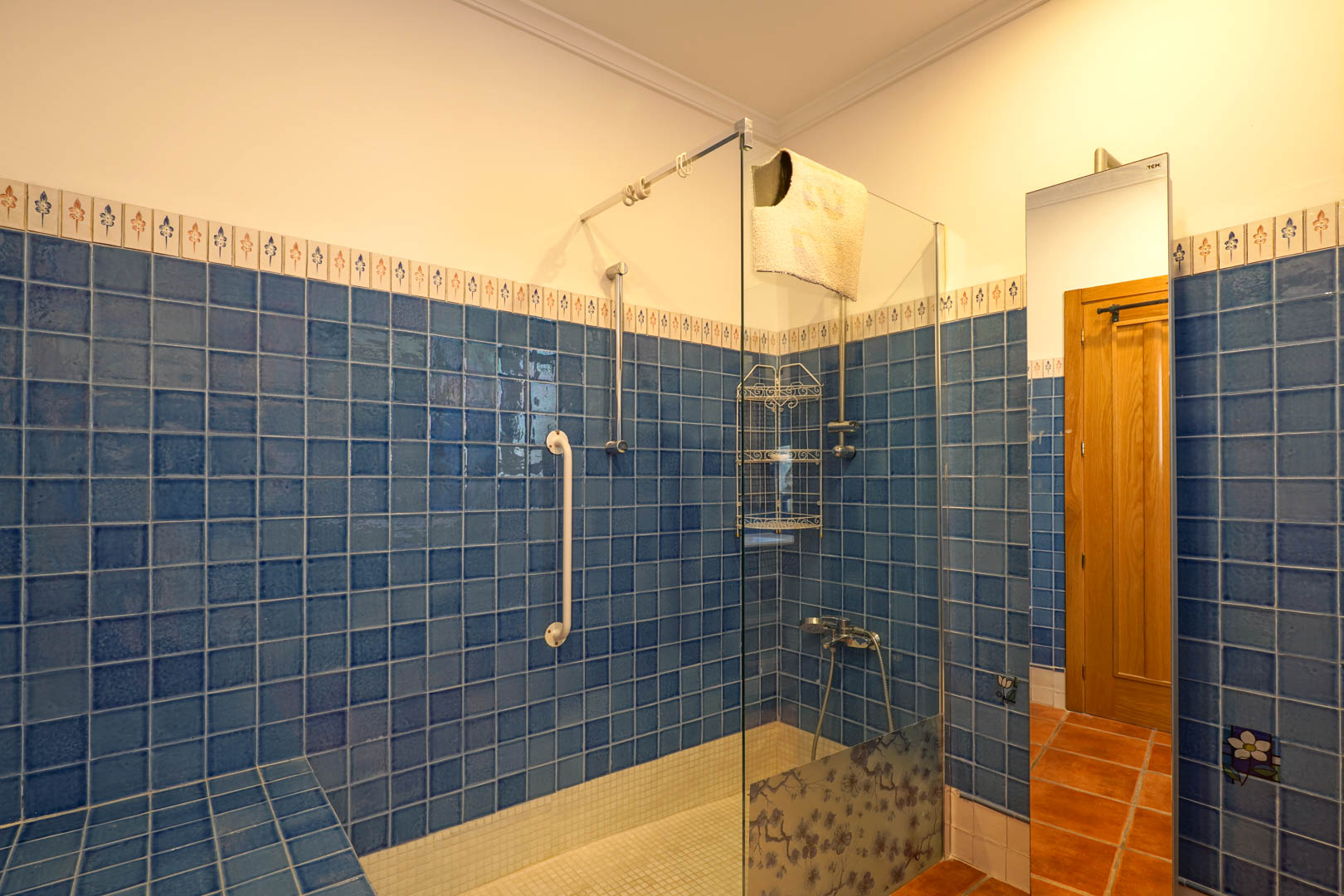 Badkamer met inloopdouche voorzien van blauwe tegels, glazen wand met bloemmotief, witte mozaïekvloer en een veiligheidshandgreep voor extra comfort.