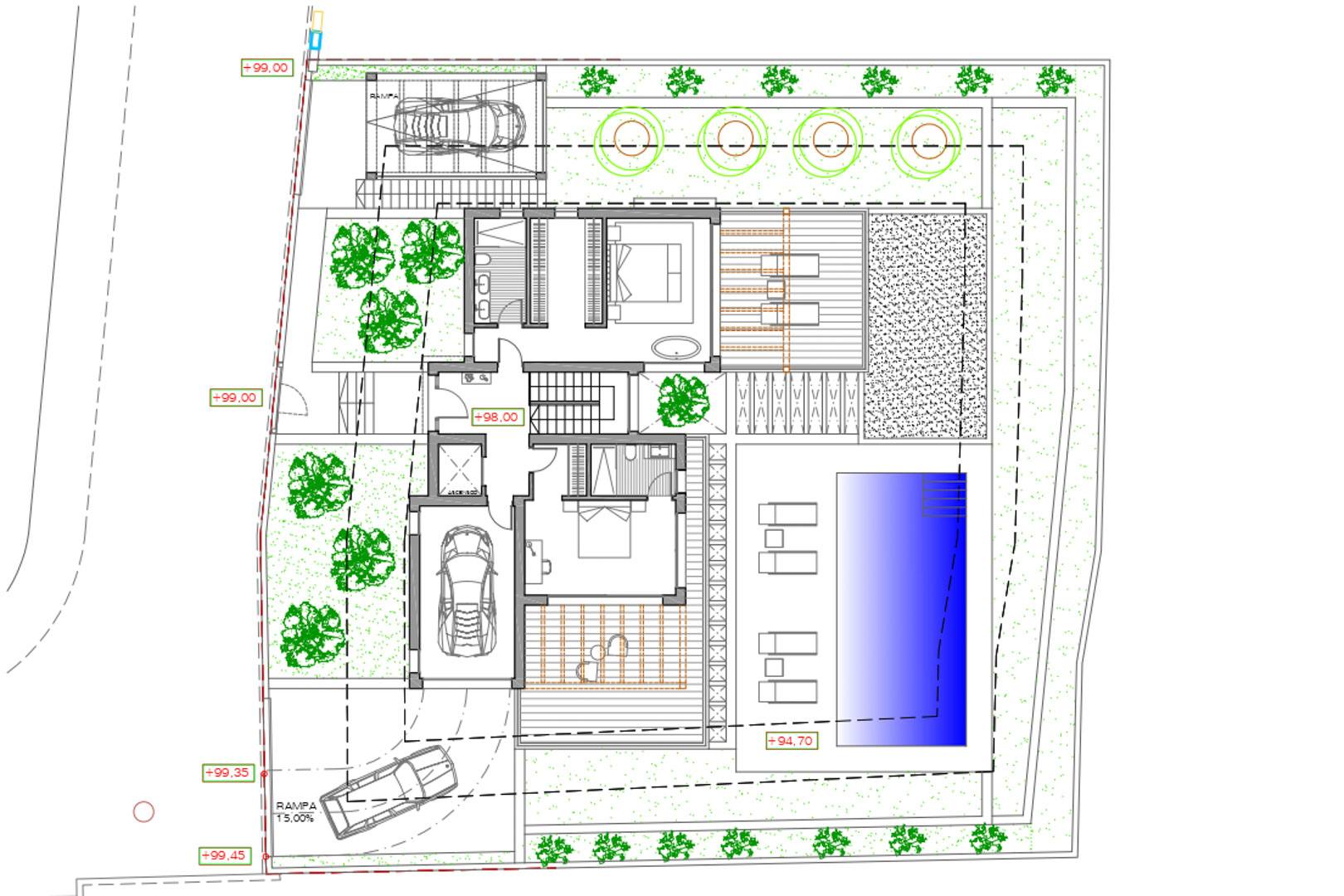 Architectonisch plan van een villa met zwembad, tuinen, garage en terrassen.