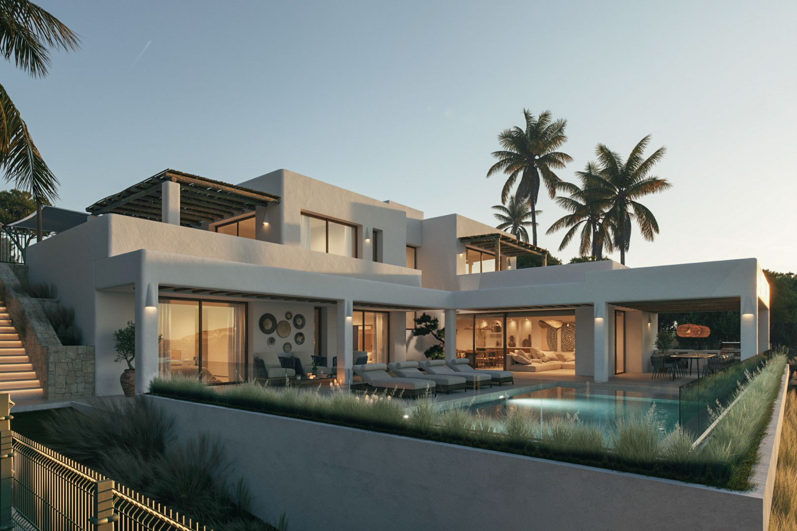Buitenaanzicht van de villa met zwembad, terrassen en modern architectonisch ontwerp onder een schemerige hemel.