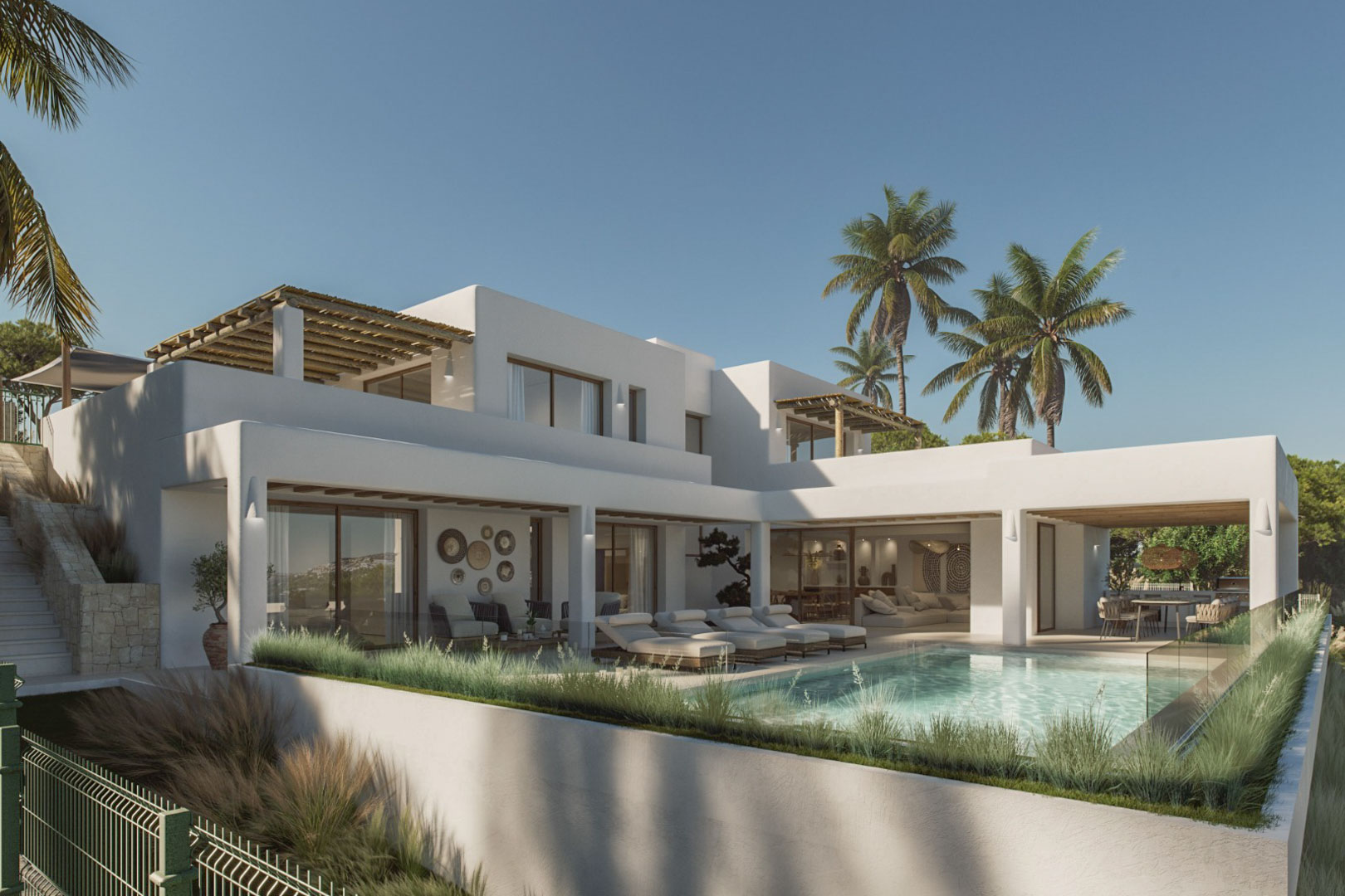 Exterieur van de villa met zwembad, terrassen en tuinen. Modern, elegant design met mediterrane accenten.