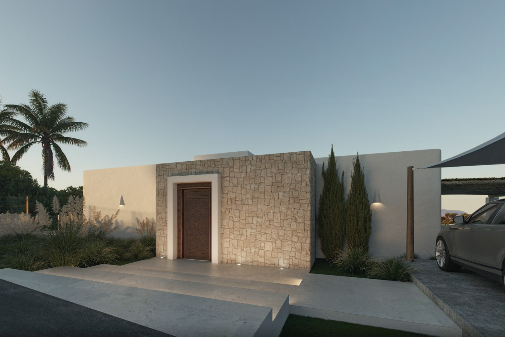 Moderne gevel met gesneden houten deur en natuurstenen bekleding. Subtiele buitenverlichting en minimalistische landschapsarchitectuur.