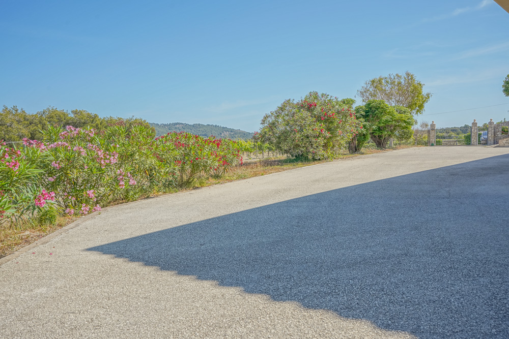 Ruime geasfalteerde oprit omzoomd door bloeiende oleanders en mediterrane beplanting, met uitzicht op de omliggende wijngaarden en heuvels.
