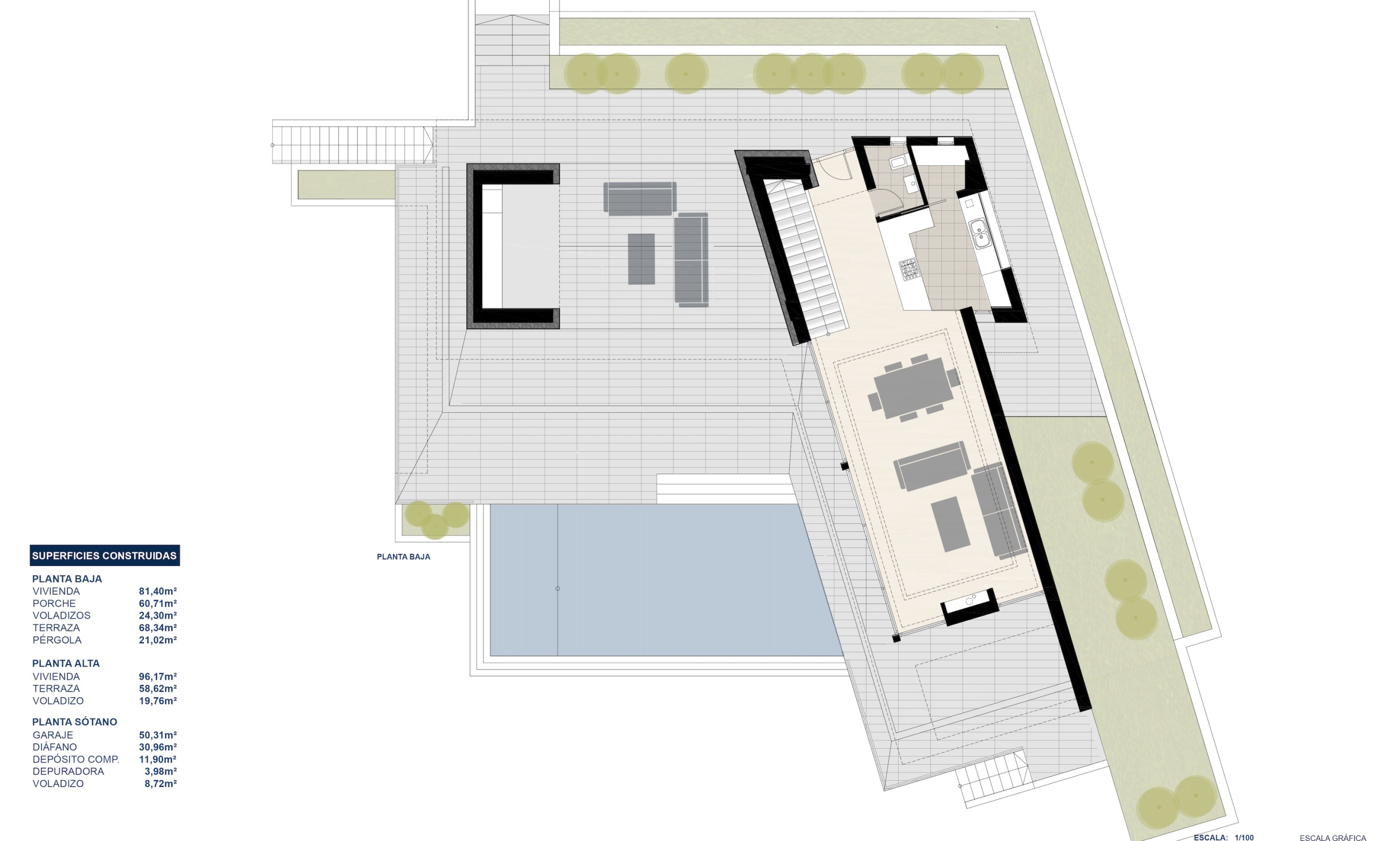 Gedetailleerde plattegrond van de begane grond met de indeling van de woon-eetkamer, keuken, ruim terras met zwembad en omliggende tuinzones.