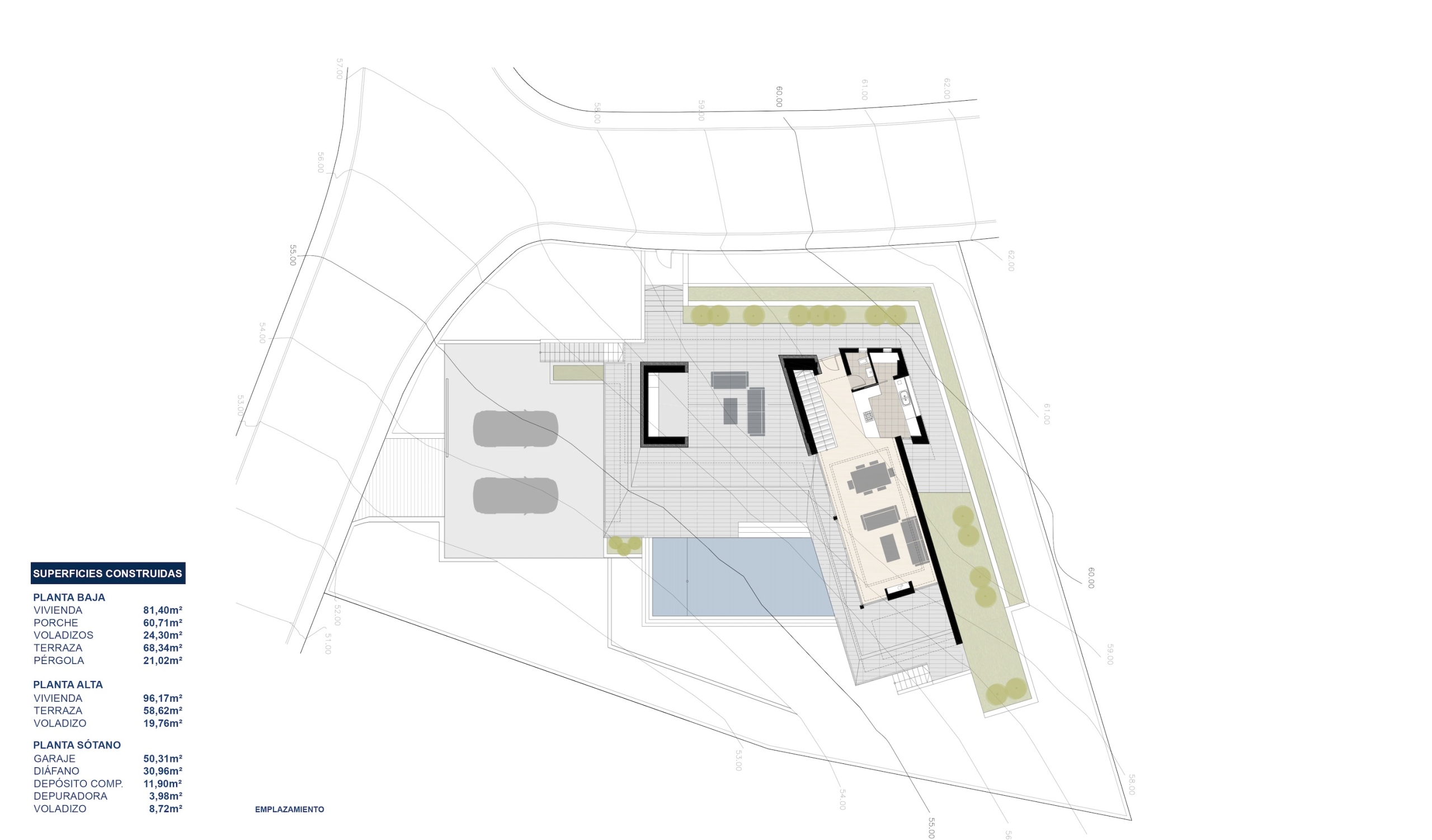 Situatieplan met de indeling van de begane grond, het overloopzwembad, de dubbele garage en een overzicht van de bebouwde oppervlaktes per verdieping.