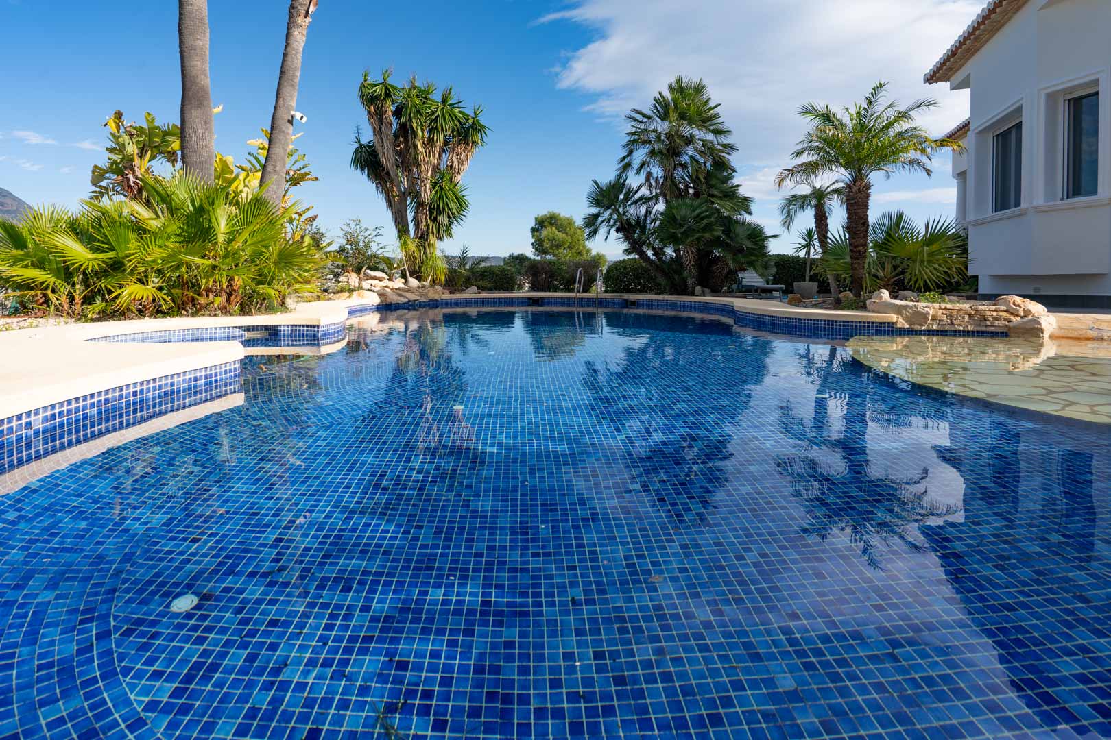 Blauw betegeld zwembad met een onregelmatig ontwerp, omgeven door een tropische tuin met palmbomen en mediterrane beplanting.