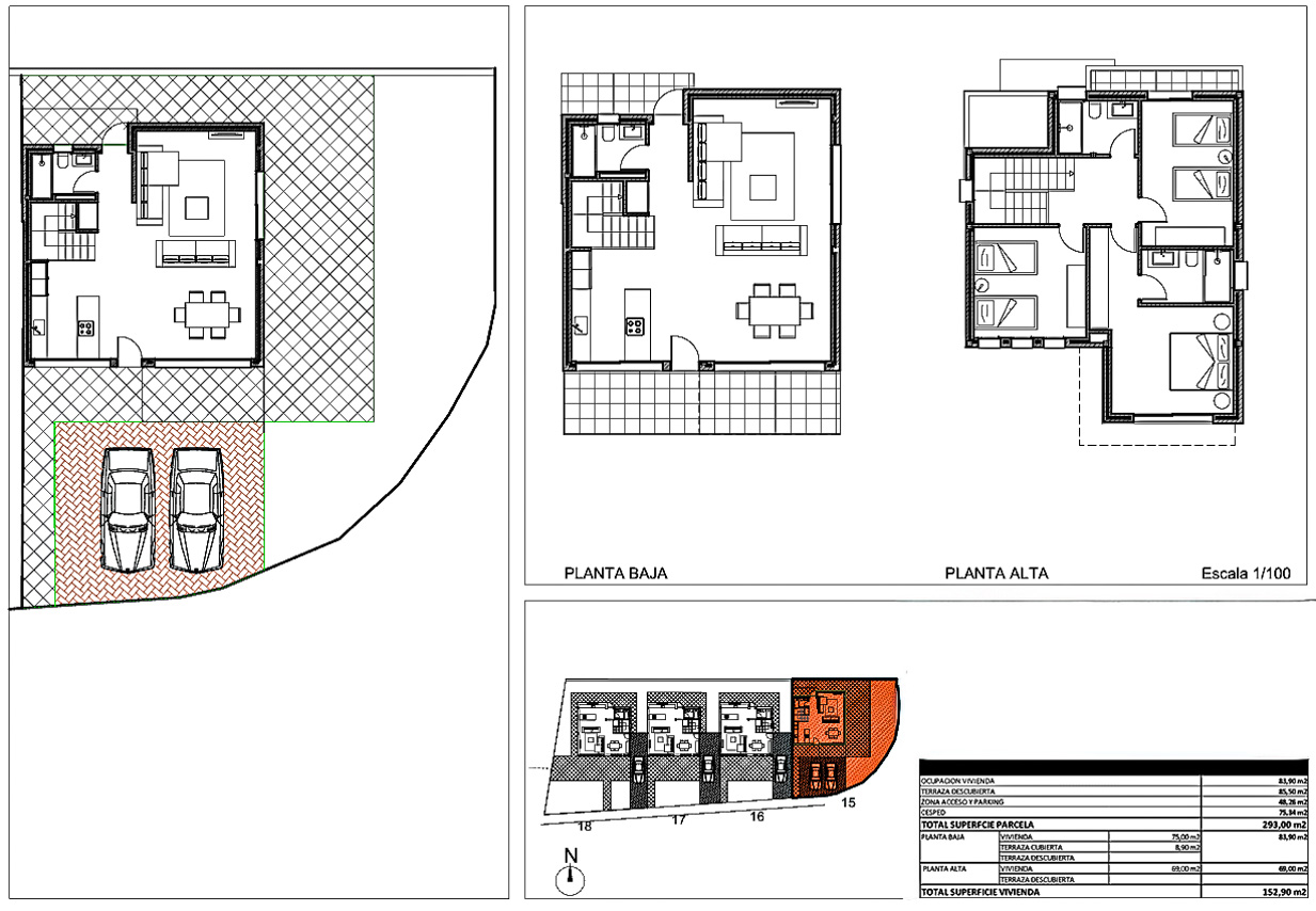 Gedetailleerde architecturale plattegronden met de indeling van twee verdiepingen, dubbele parkeerplaats en een totale oppervlakte van 152,90 m².