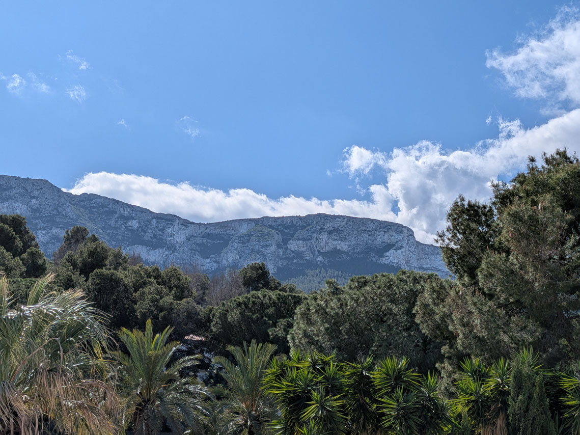 Vrij uitzicht op het natuurpark Montgó vanaf het perceel, omringd door mediterrane vegetatie met pijnbomen en palmbomen.