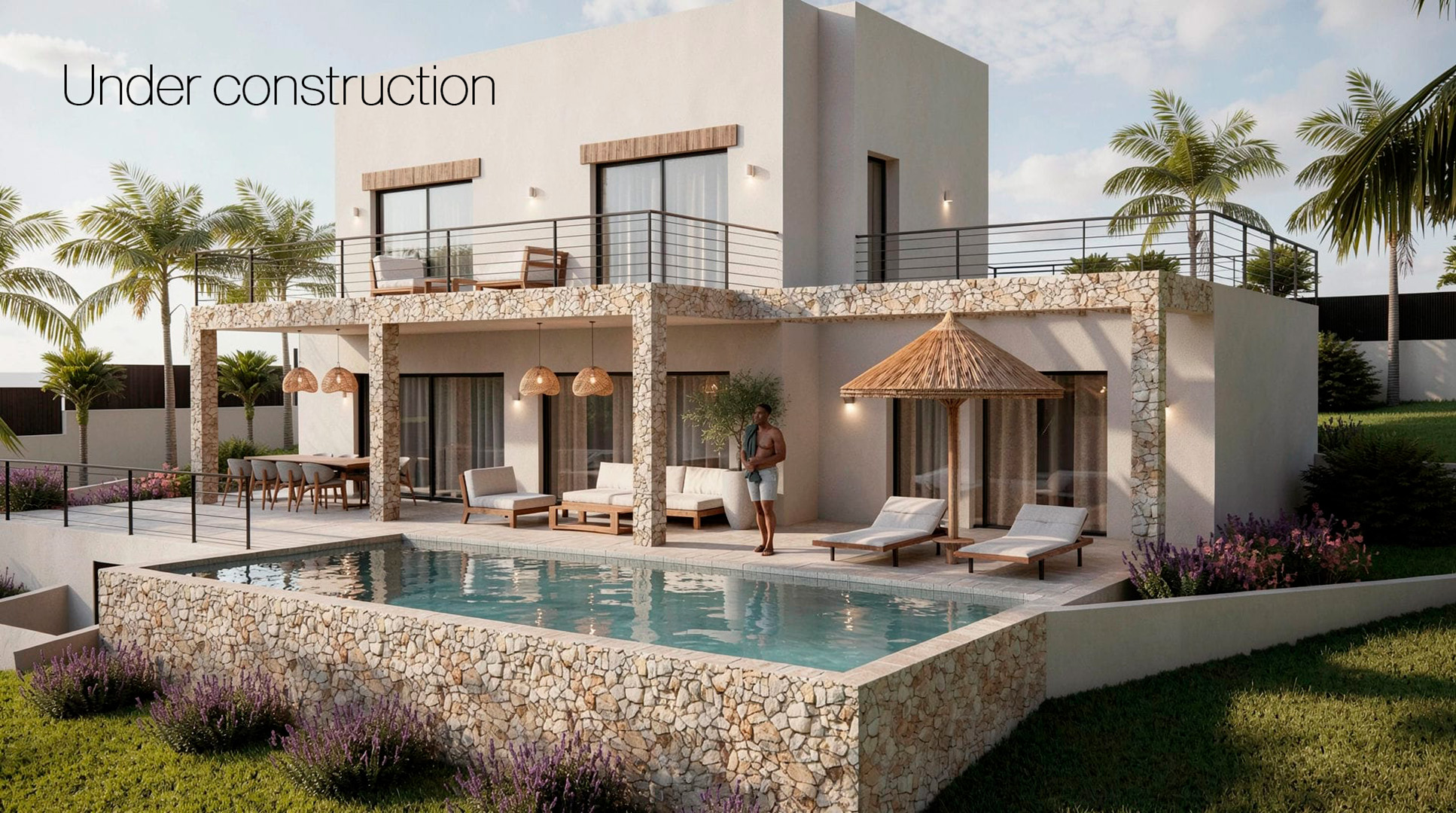 Exterieur van de moderne villa met privézwembad, natuurstenen muren, ruime overdekte terrassen en eigentijdse witte architectuur.