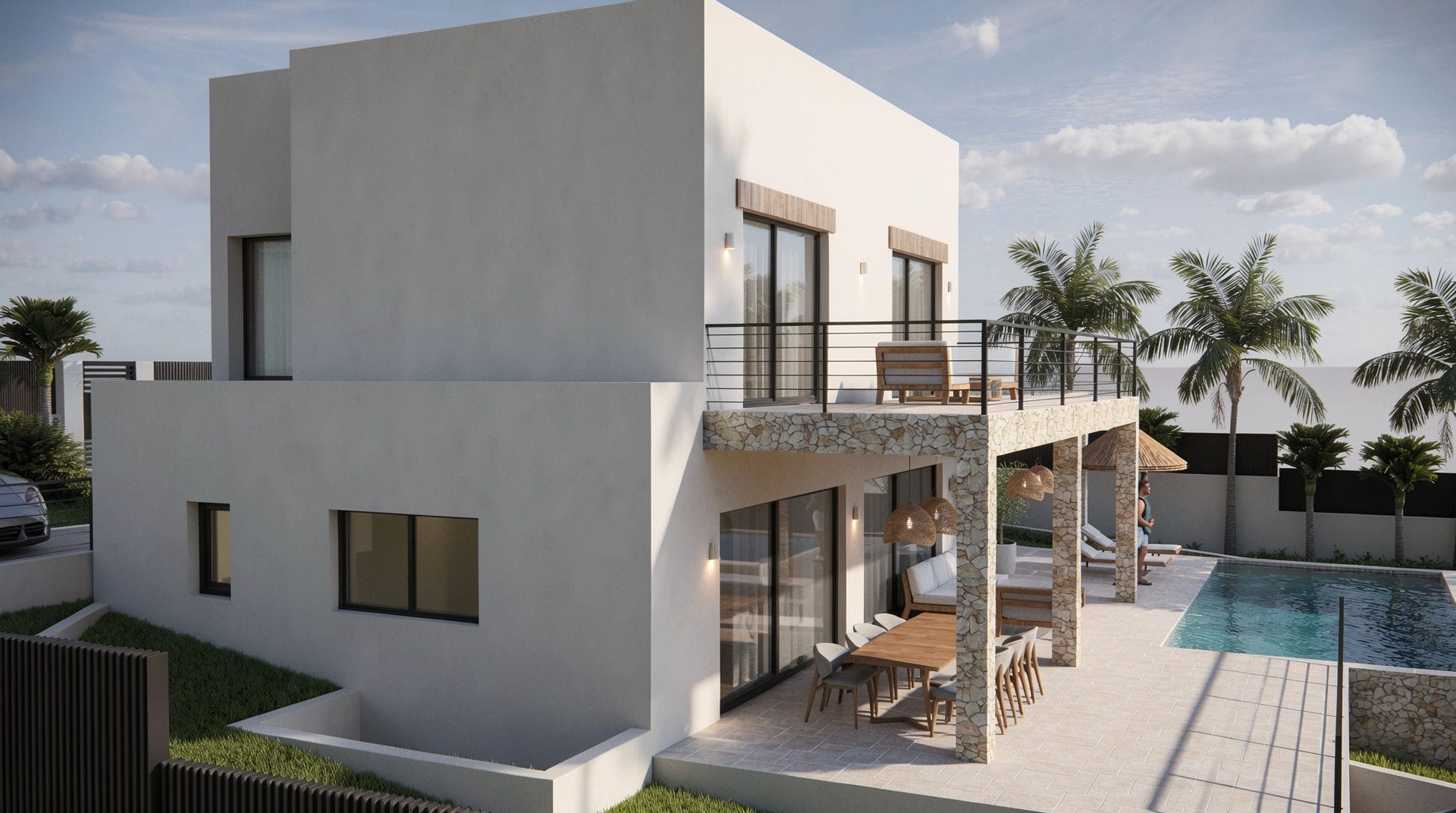 Exterieur van de villa met natuurstenen kolommen, ruim dakterras en een overdekt terras met eethoek grenzend aan het privézwembad en de tuin.