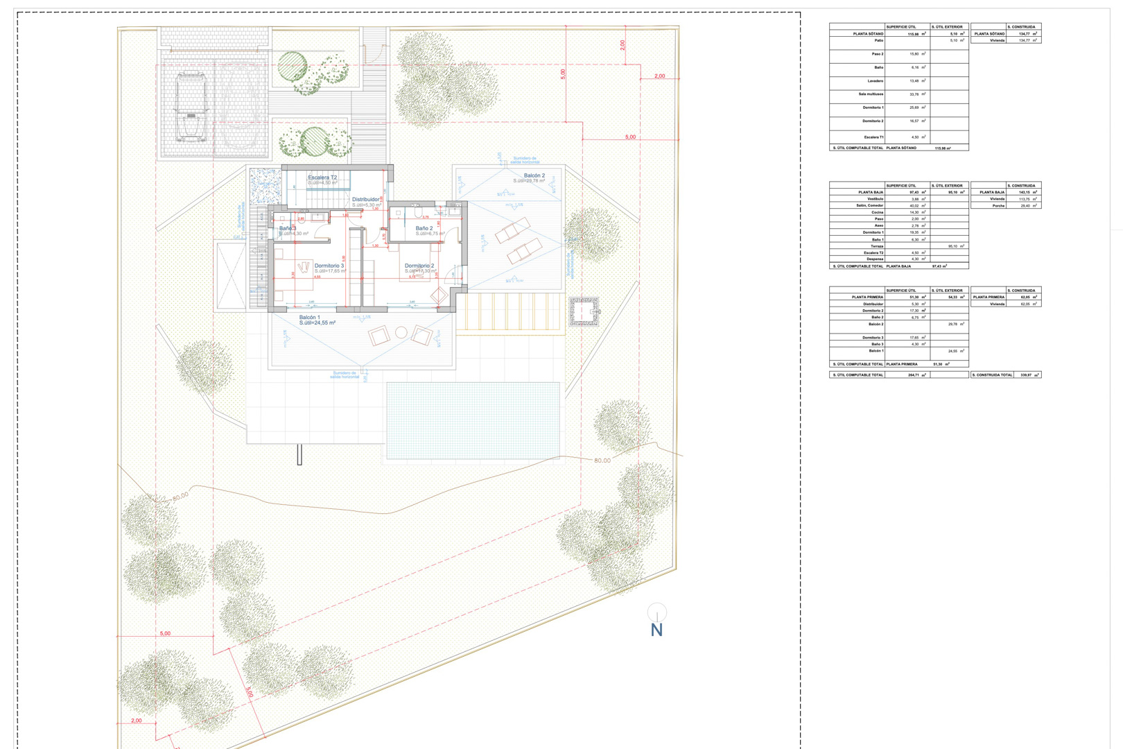 Gedetailleerd inplantingsplan en plattegrond die de indeling van de villa op het perceel toont, inclusief terrassen, zwembad en oppervlaktestaten per verdieping.