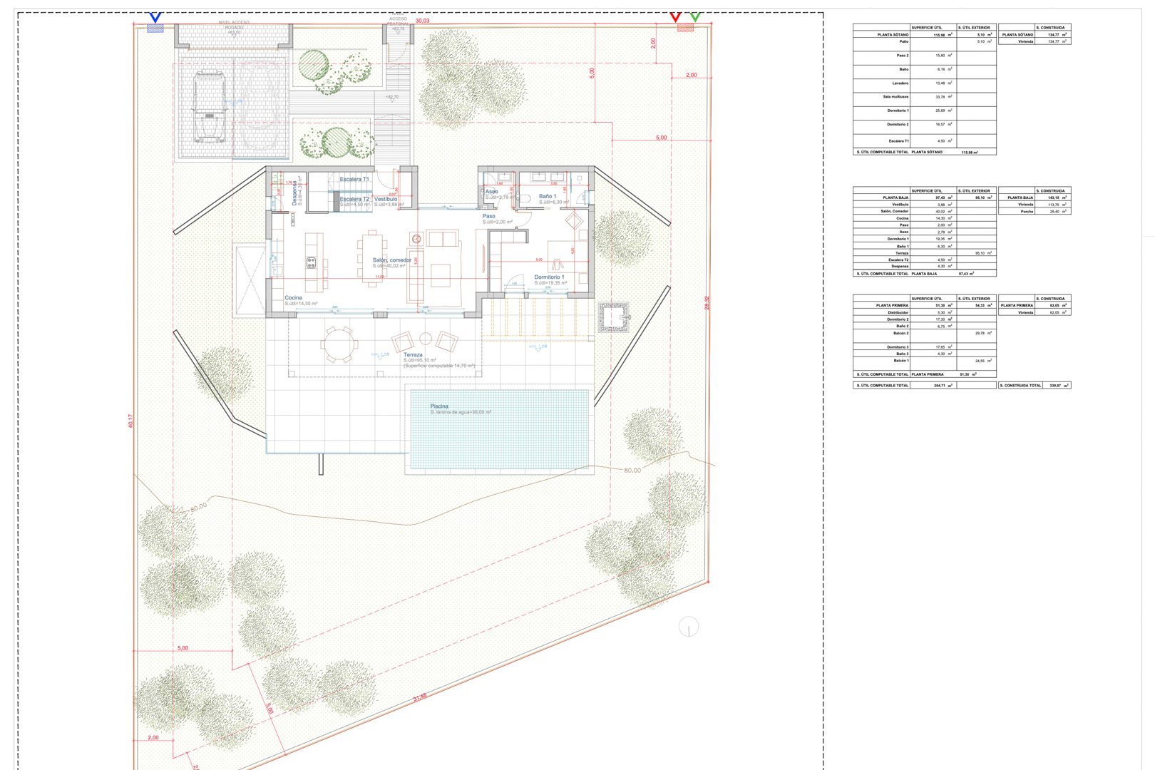Technische plattegrond van de begane grond en het perceel, met details van de woonkamer, keuken, terras van 95 m², zwembad en overzichtelijke oppervlaktetabellen.