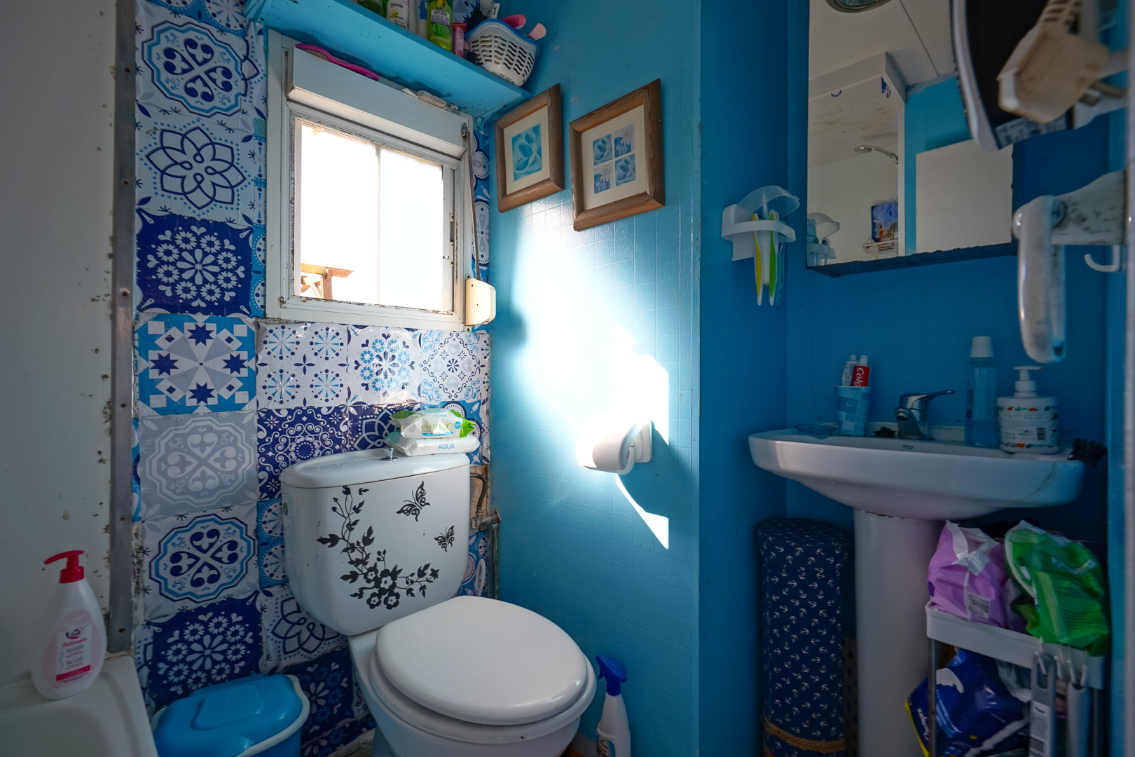 Compacte badkamer met blauwe wanden, decoratieve tegels met motief, een kolomwastafel en natuurlijke lichtinval via het raam.