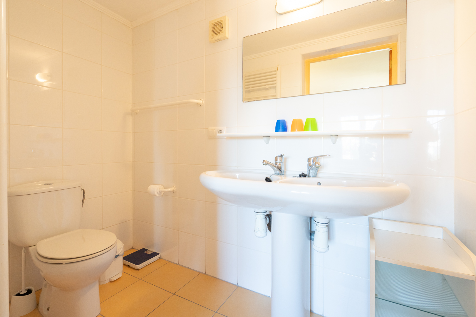 Functionele badkamer met dubbele wastafel op zuil, witte wandtegels en terracotta-kleurige vloer. Voorzien van een grote spiegel en praktische wandplank.
