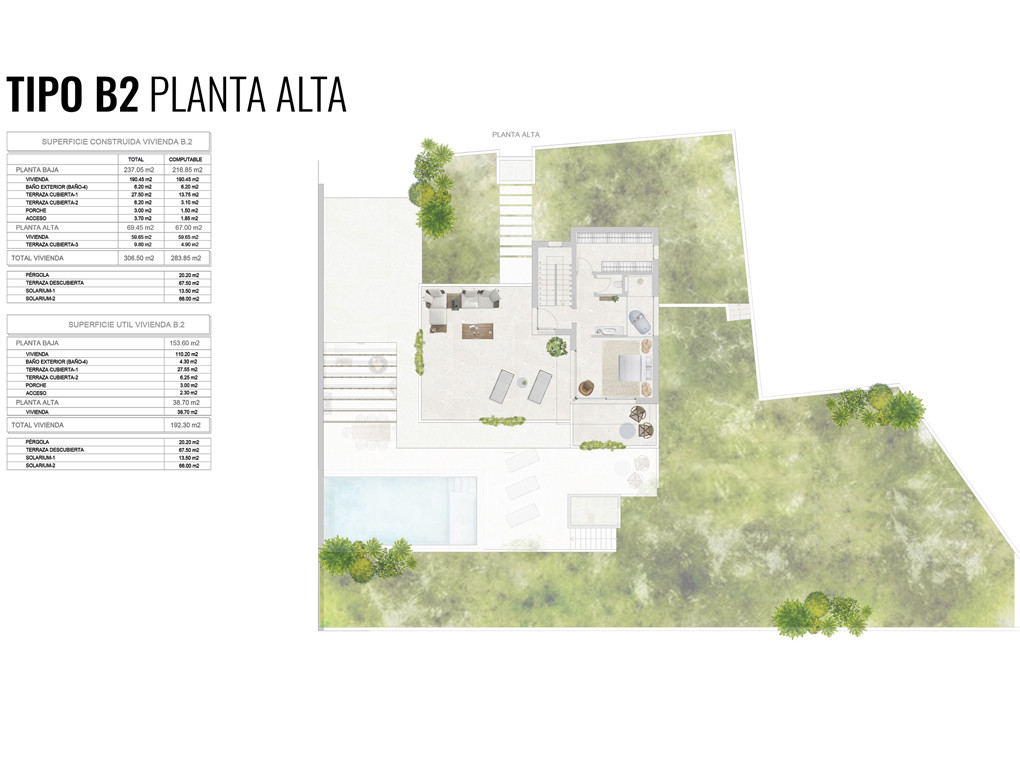 Architectonische plattegrond van de bovenverdieping Type B2, met indeling van slaapkamer, badkamer, trap en ruime terrassen met toegang tot zwembad en tuin.