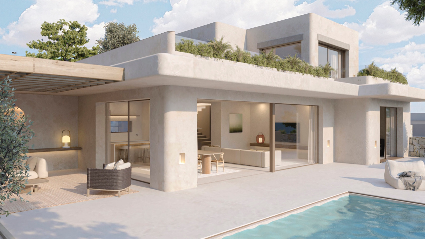 Buitenaanzicht van een moderne villa met privézwembad. Het terras heeft een houten pergola, een buitenlounge en grote ramen die naadloos aansluiten op het open interieur.