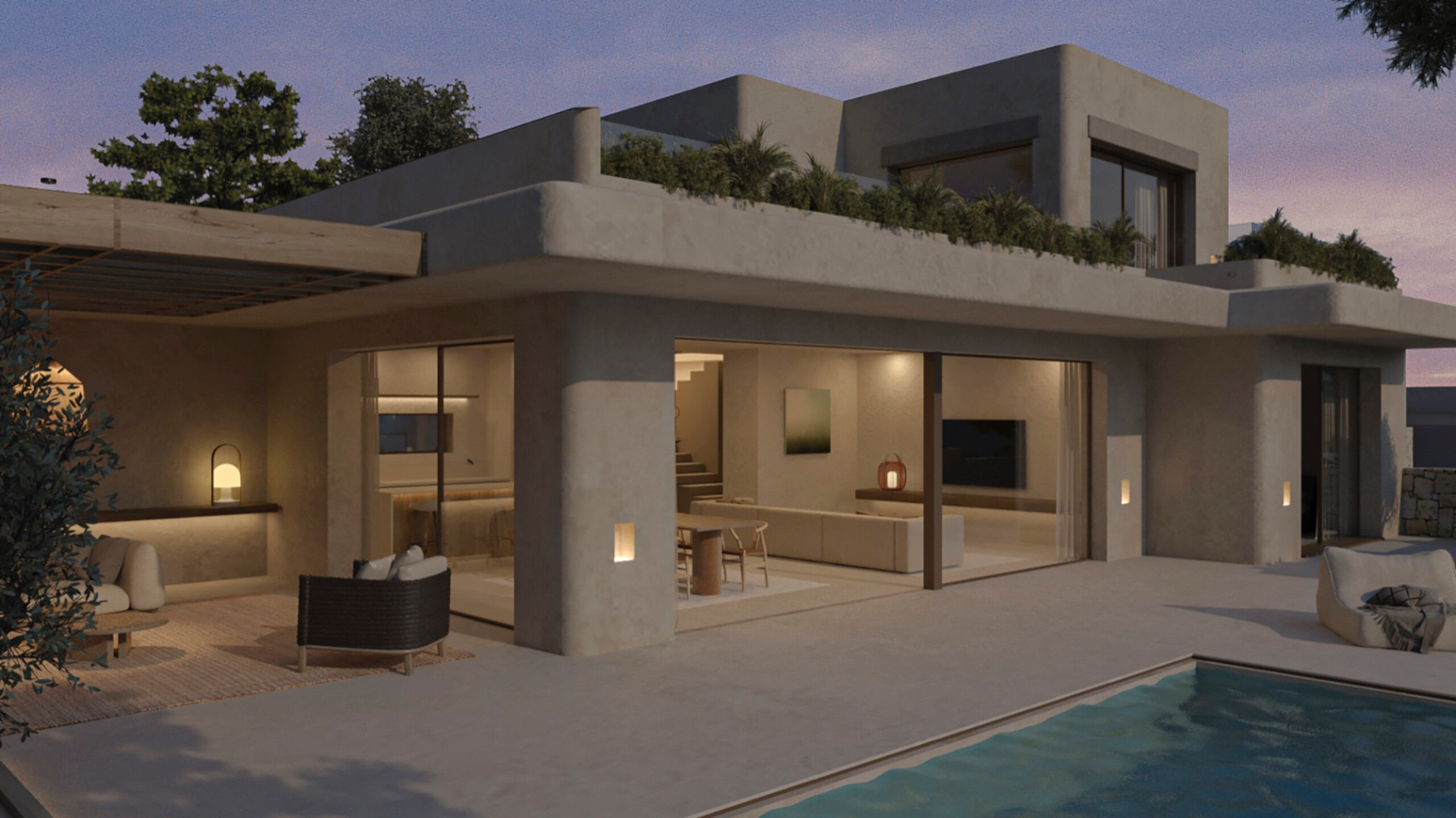 Exterieur van een moderne villa bij zonsondergang, met zwembad en loungehoek onder een houten pergola. Lichte interieurs tonen een open keuken en woon-eetruimte.