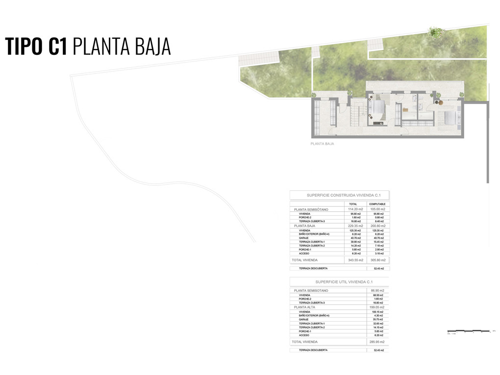 Gedetailleerde plattegrond van de begane grond (Type C1), met de indeling van kamers, trappen en aangrenzende groene ruimtes. Inclusief tabellen met bebouwde en bruikbare oppervlakten.