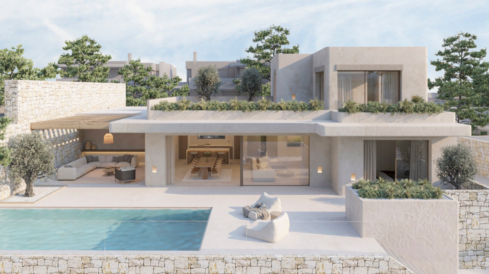 Hedendaagse villa met zwembad, ruim terras en een overdekte buitenlounge met stenen muren, naadloos verbonden met het lichte interieur via glazen schuifpuien.