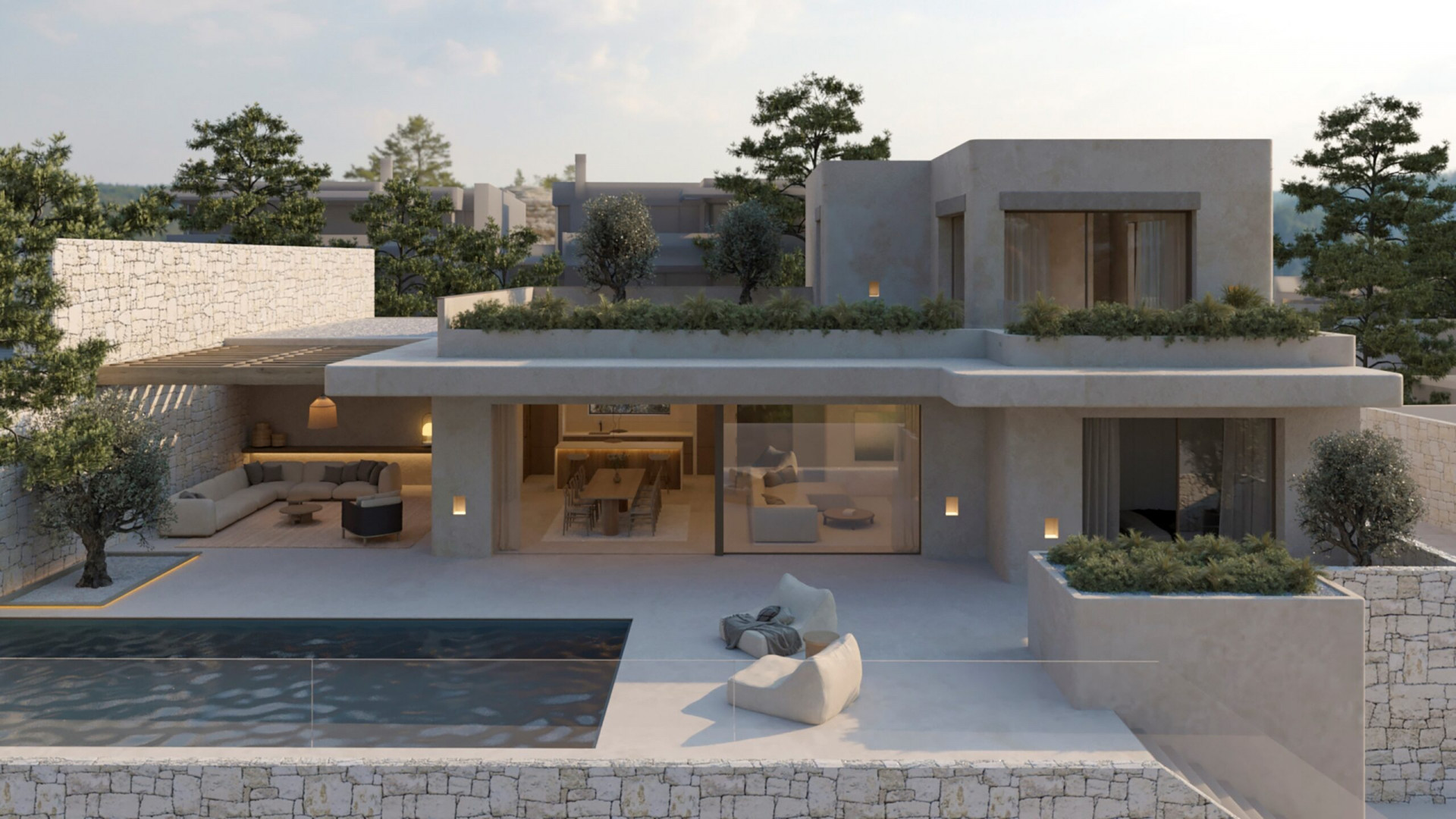 Moderne villa met privézwembad, ruim terras en overdekte buitenlounge. Grote glazen deuren verbinden binnenruimtes met de serene buitenomgeving.