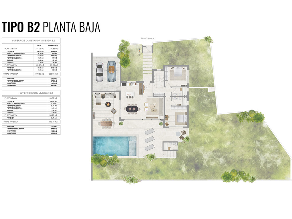 Plattegrond van de begane grond (Type B2) van de villa, met open woon-, eet- en keukenruimte. Inclusief privézwembad, terras, tuin en een garage voor twee auto's.