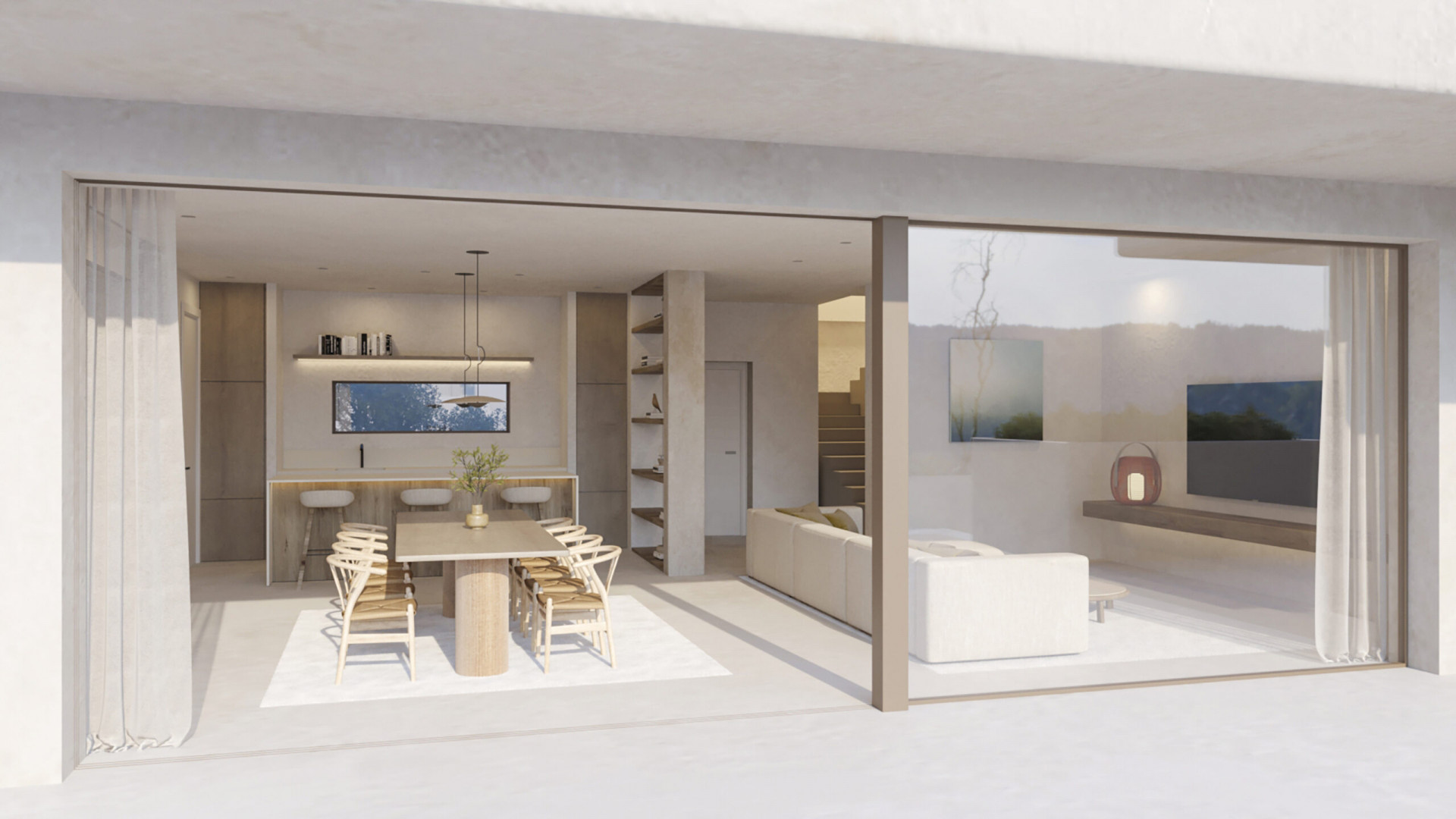 Ruime open woon- en eetkamer met houten tafel en ontbijtbar, naadloos verbonden met het terras via grote glazen schuifdeuren.