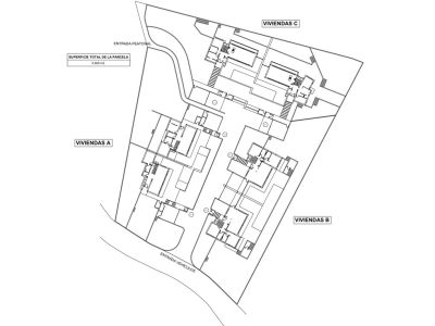 Gedetailleerd verkavelingsplan van een woonproject met drie percelen (A, B, C), inclusief voetgangers- en voertuigtoegangen en een totale oppervlakte van 6.609 m².