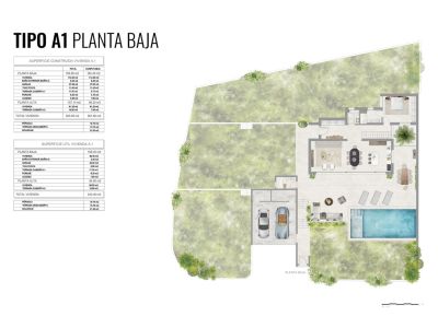 Gedetailleerde plattegrond van de begane grond Villa A1, met open leefruimte, slaapkamer, dubbele garage en terras met privézwembad.