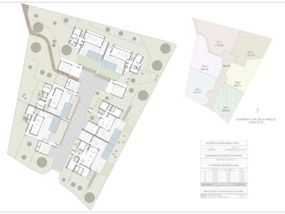 Masterplan met de indeling van meerdere villa's, individuele percelen, gemeenschappelijke ruimtes en hun respectievelijke plattegronden.