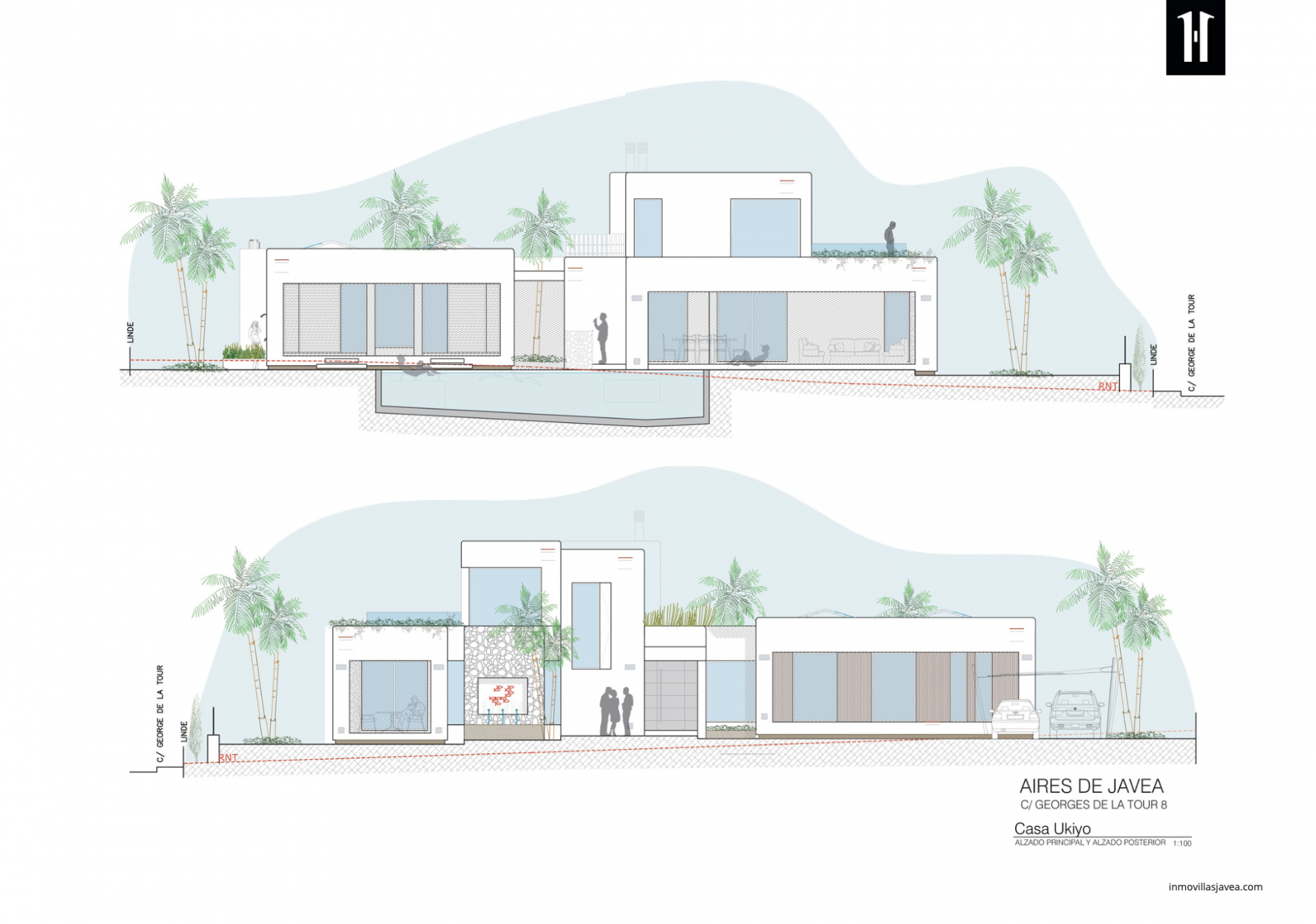 Architectonisch plan van de moderne villa, met een strak ontwerp, grote glazen puien, geïntegreerd privézwembad en gevels met natuurstenen accenten.