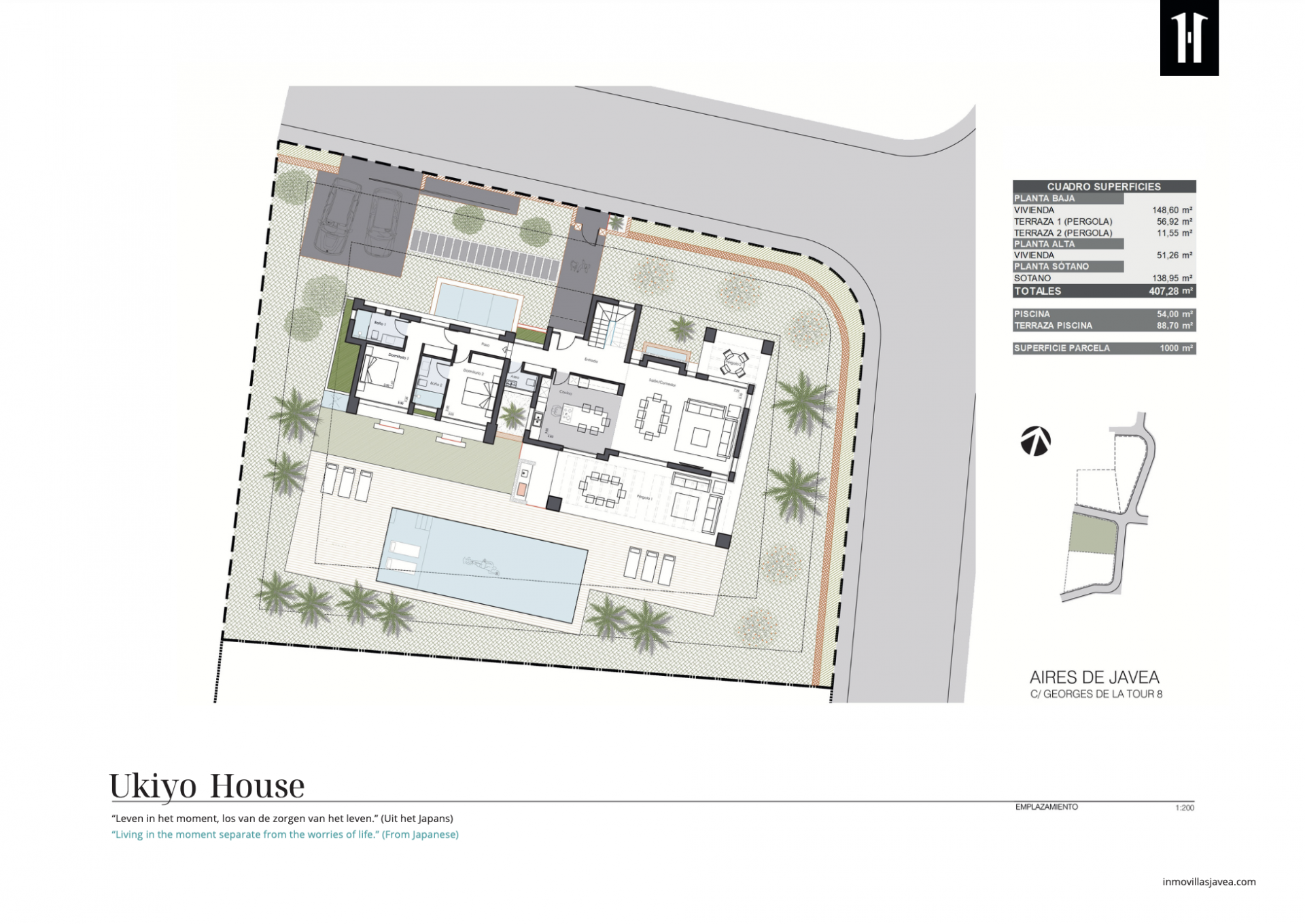 Gedetailleerde plattegrond van de villa, met indeling van binnenruimtes, privézwembad, terrassen, tuinen en privéparkeerplaats op een perceel van 1000 m².