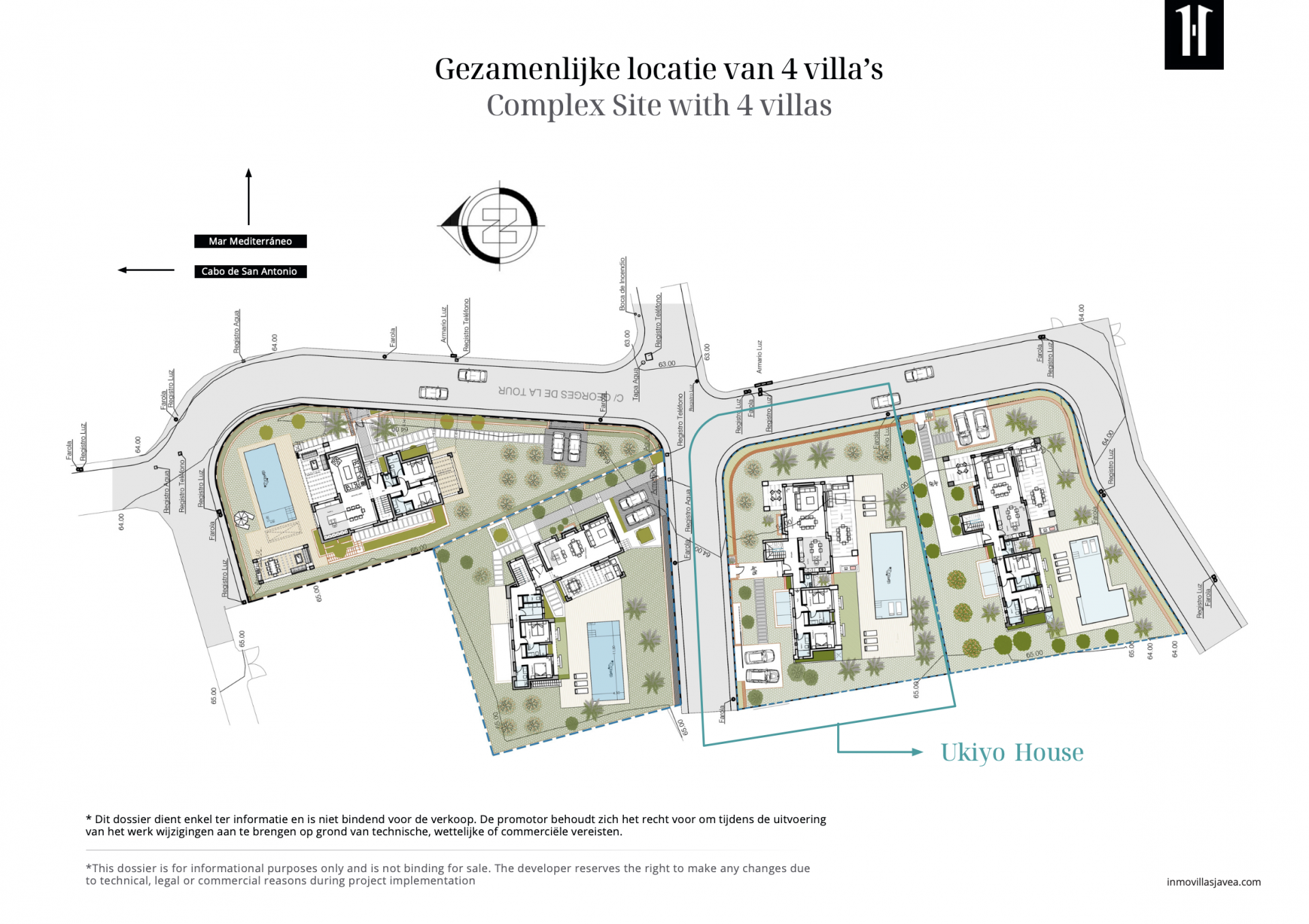 Locatieplan van een complex met vier luxe villa's, elk met privézwembad en tuin, strategisch gelegen nabij de Middellandse Zee in Jávea. Detaileert de indeling van Ukiyo House.