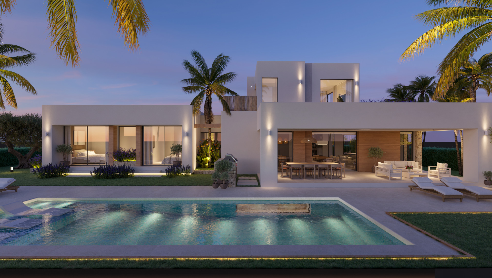 Moderne villa-exterieur bij zonsondergang met verlicht privézwembad, verzorgd gazon en uitnodigende buiten eet- en loungeruimtes onder architecturale verlichting.