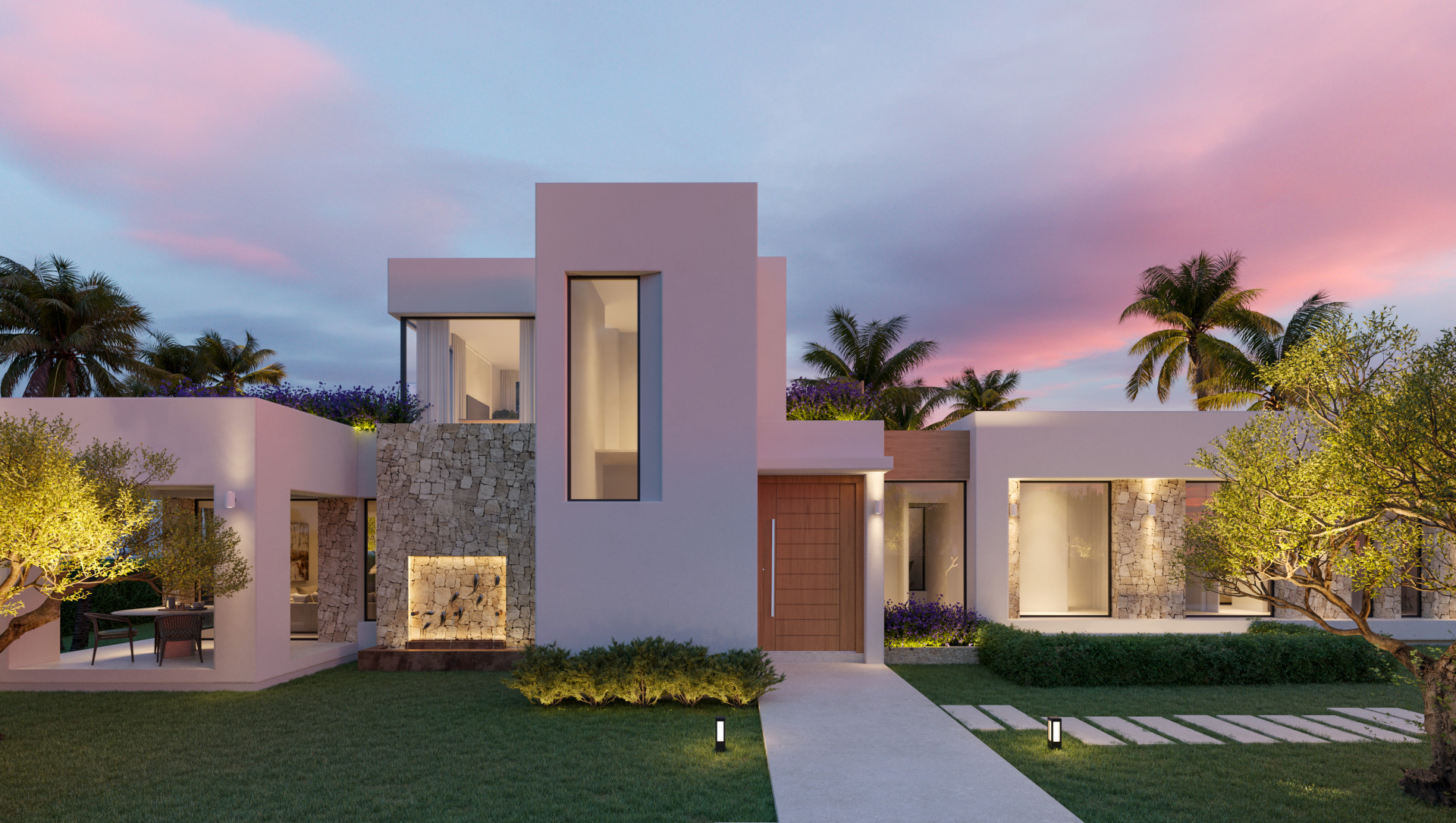 Moderne villafaçade bij schemering met witte muren, natuurstenen bekleding, houten deur en verlicht tuinpad met waterornament.