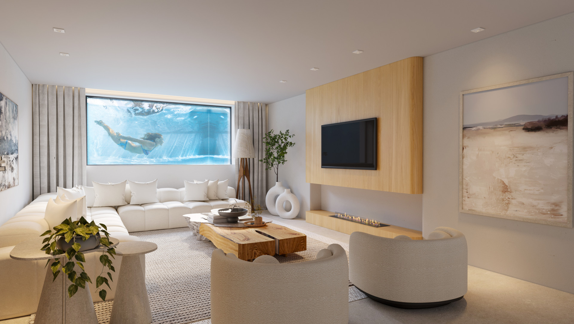 Moderne woonkamer met grote hoekbank, een uniek onderwaterraam dat een zwembad toont, en een houten paneel met geïntegreerde tv en lineaire open haard.