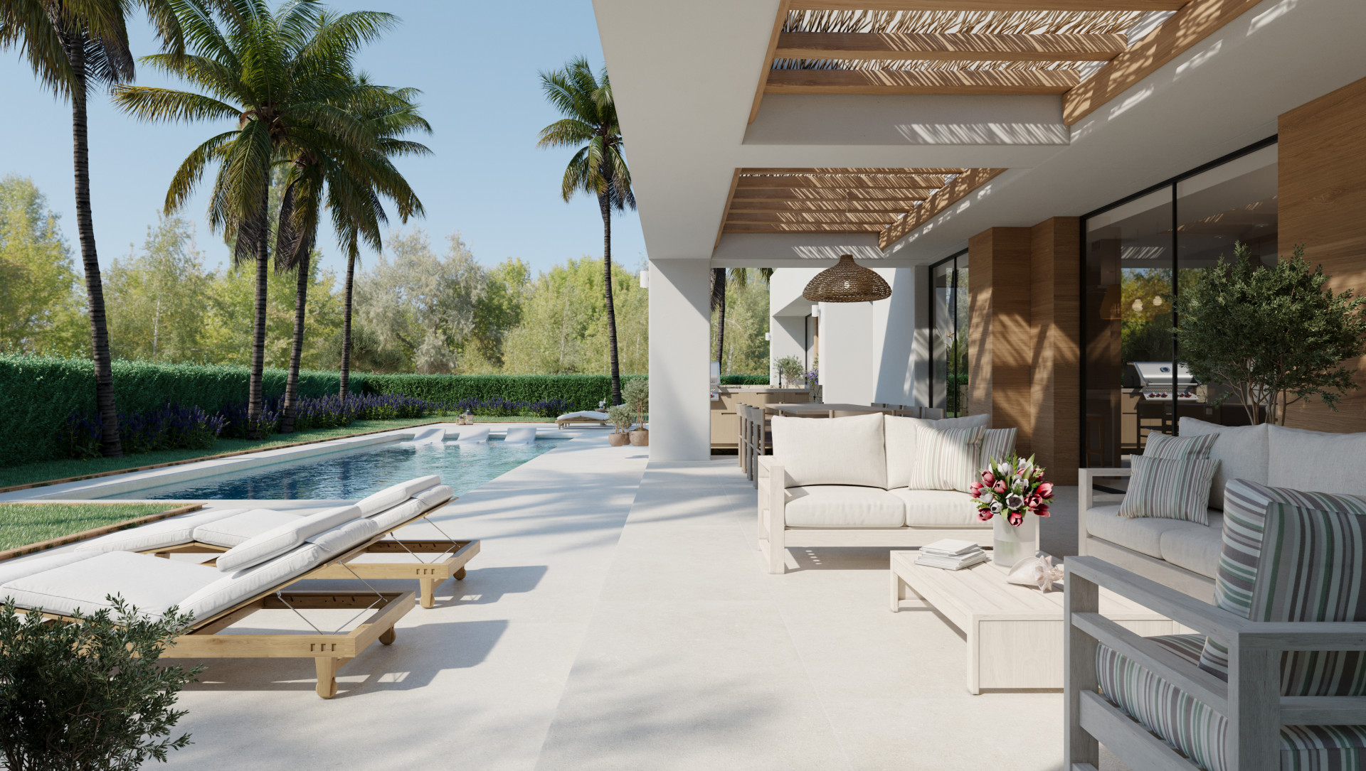 Ruim buitenterras met privézwembad, ligbedden en een elegante zithoek onder een lamellenpergola, omringd door weelderige palmbomen.