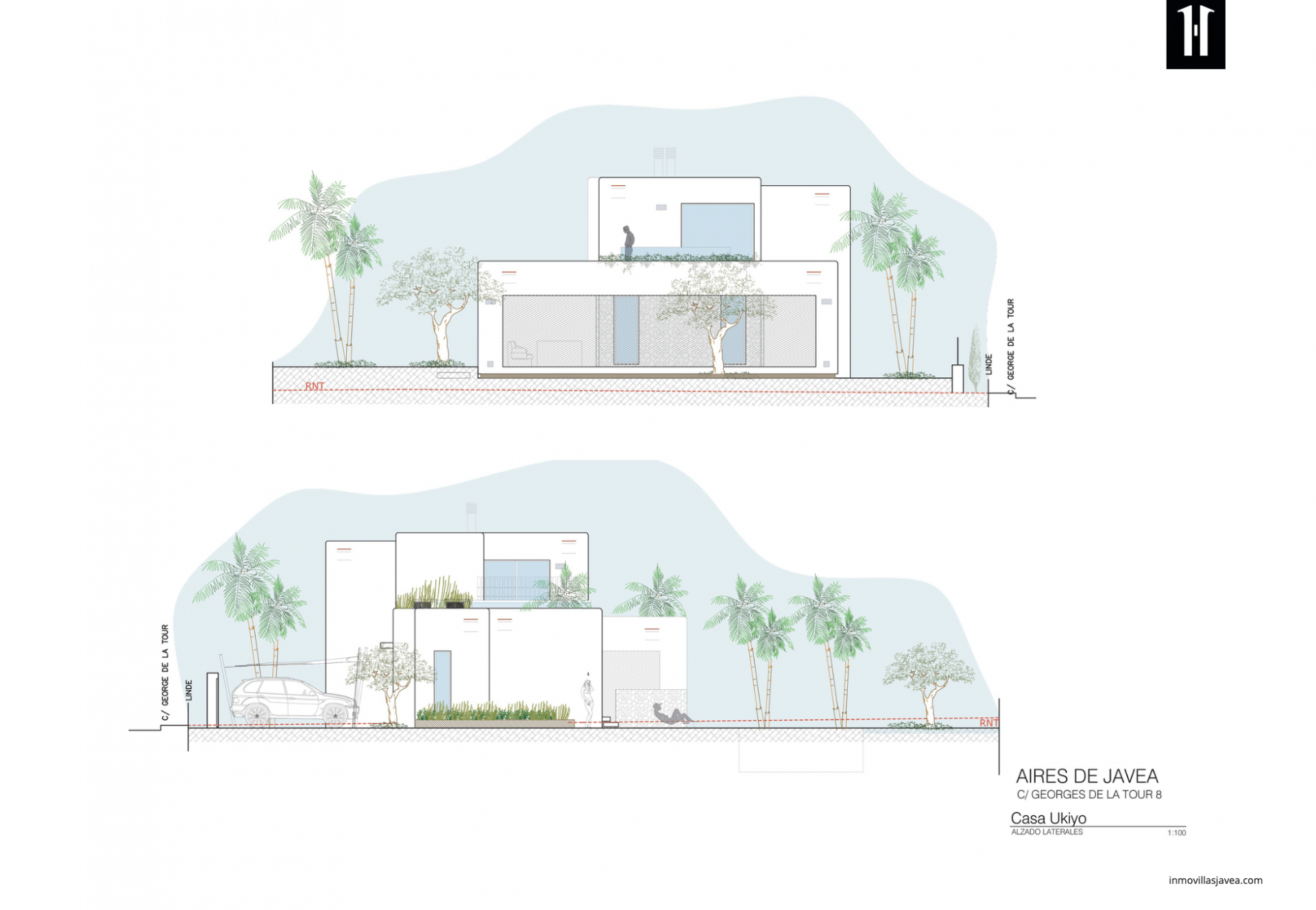 Zijgevels van een moderne villa, met strakke architectonische lijnen, grote ramen en geïntegreerde mediterrane beplanting.