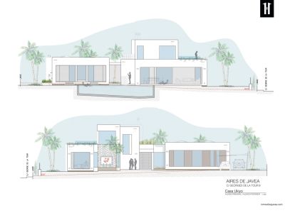 Architectonisch plan van de moderne villa, met een strak ontwerp, grote glazen puien, geïntegreerd privézwembad en gevels met natuurstenen accenten.