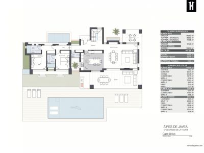 Gedetailleerde plattegrond van de villa's begane grond, toont woonruimtes, open keuken, twee slaapkamers, twee badkamers en buitenruimtes met privézwembad en terrassen.